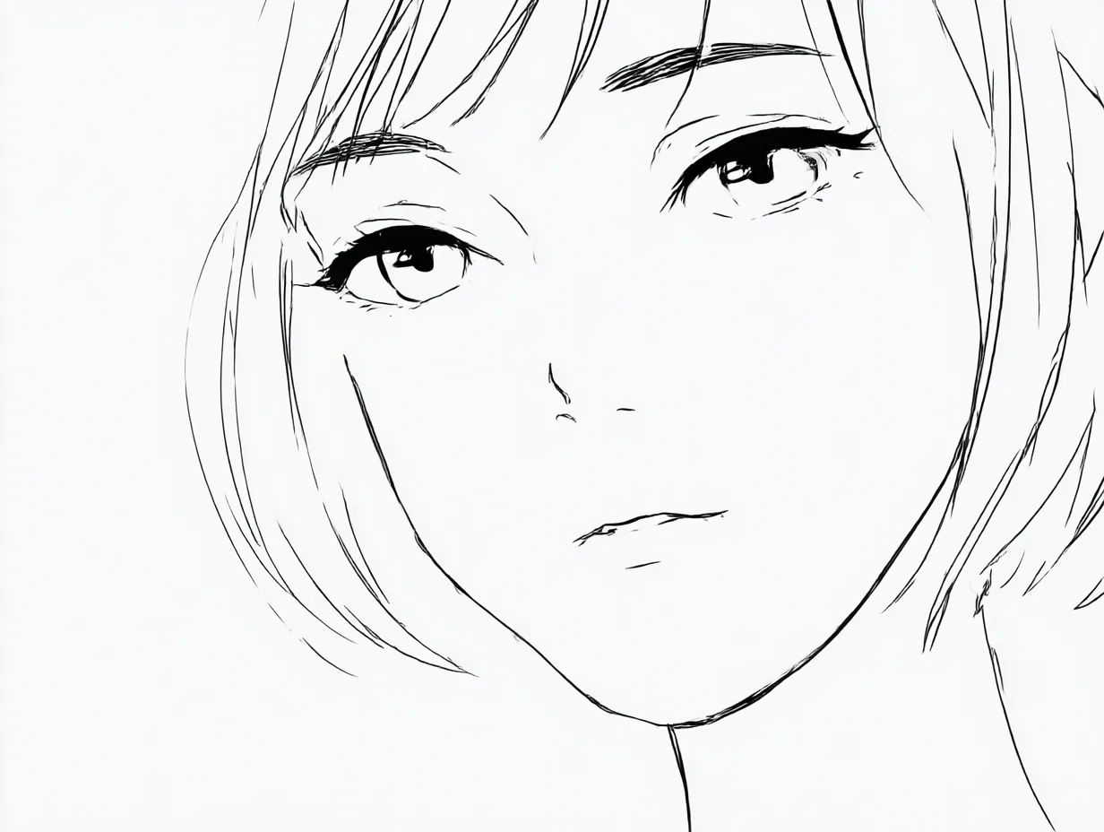 リアルな顔｜【基本構造】アップ気味の女性の顔をシンプルな線で描き方を整理し、髪を短く切り揃えた形にしています。<br>【演出の方向性】簡潔な線のみによる表現が、冷静さや無機質さを際立たせ、淡白ながらも印象的な雰囲気を生み出しています。<br>