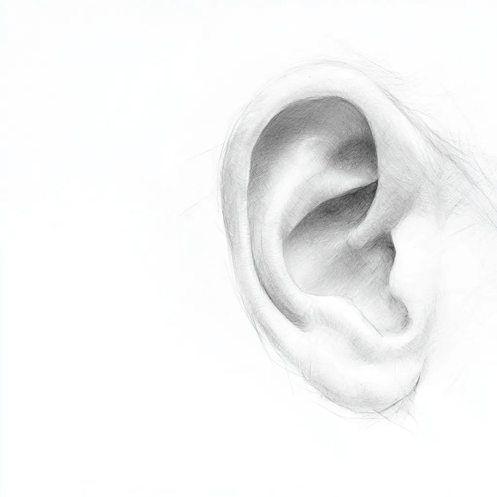 リアルな耳(柔らかいトーン)|【基本構造】曲線を意識した描き方で耳全体を滑らかに構築し、軟骨の厚みを自然に再現しています。<br>【演出の方向性】淡いトーンで温かみを演出し、穏やかな印象を残します。<br>