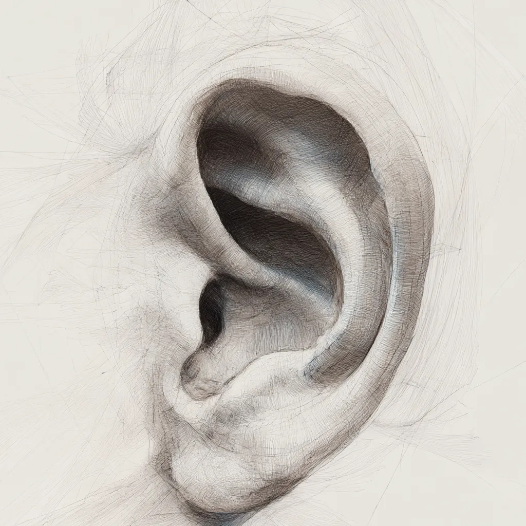 リアルな耳(重厚な線描)|【基本構造】太めの線と重ねた筆致で耳の凹凸を描き方に取り込み、力強い質感を出しています。<br>【演出の方向性】濃淡の重なりで迫力を増し、存在感のあるリアリティを与えています。<br>