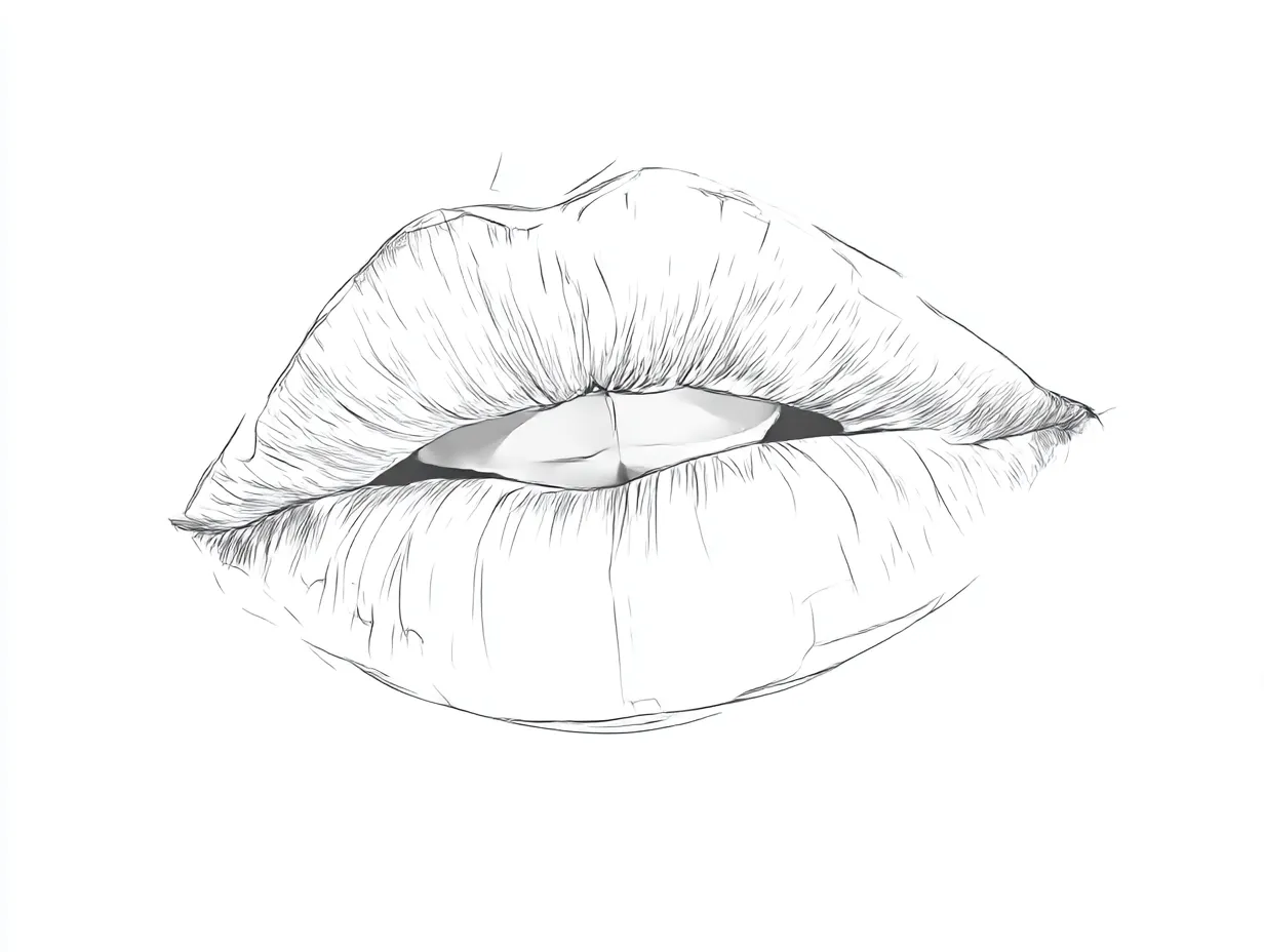 リアルな唇｜【基本構造】上唇がやや厚めで、わずかに歯が見える描き方により、唇の存在感が強調されています。<br>【演出の方向性】唇の縦皺を細かく描き込み、柔らかさと生々しい質感を際立たせ、リアルさを強調しています。<br>