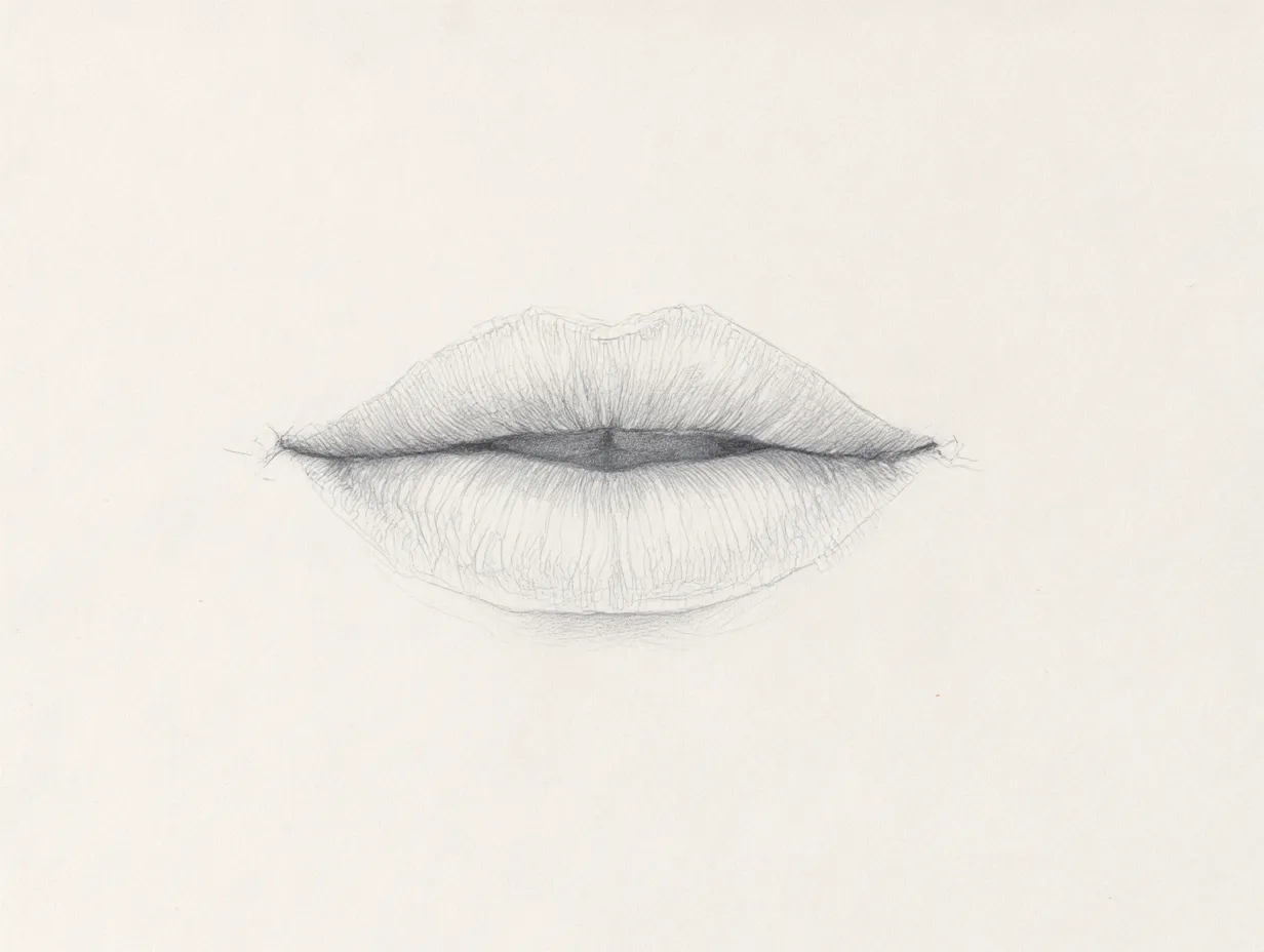 リアルな唇｜【基本構造】閉じた唇を中央の陰影で分ける描き方で、シンプルな楕円形の輪郭が安定感を出しています。<br>【演出の方向性】濃い陰影を中央に集中させることで、引き締まった表情を作り、静かな緊張感を漂わせています。<br>