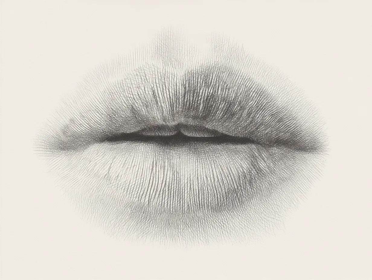 リアルな唇｜【基本構造】上下の唇を厚めに描き方で設計し、口の開きは最小限に抑えています。<br>【演出の方向性】線の密度を高めて質感を強調し、ざらついたリアルさと繊細な感情を同時に表現しています。<br>