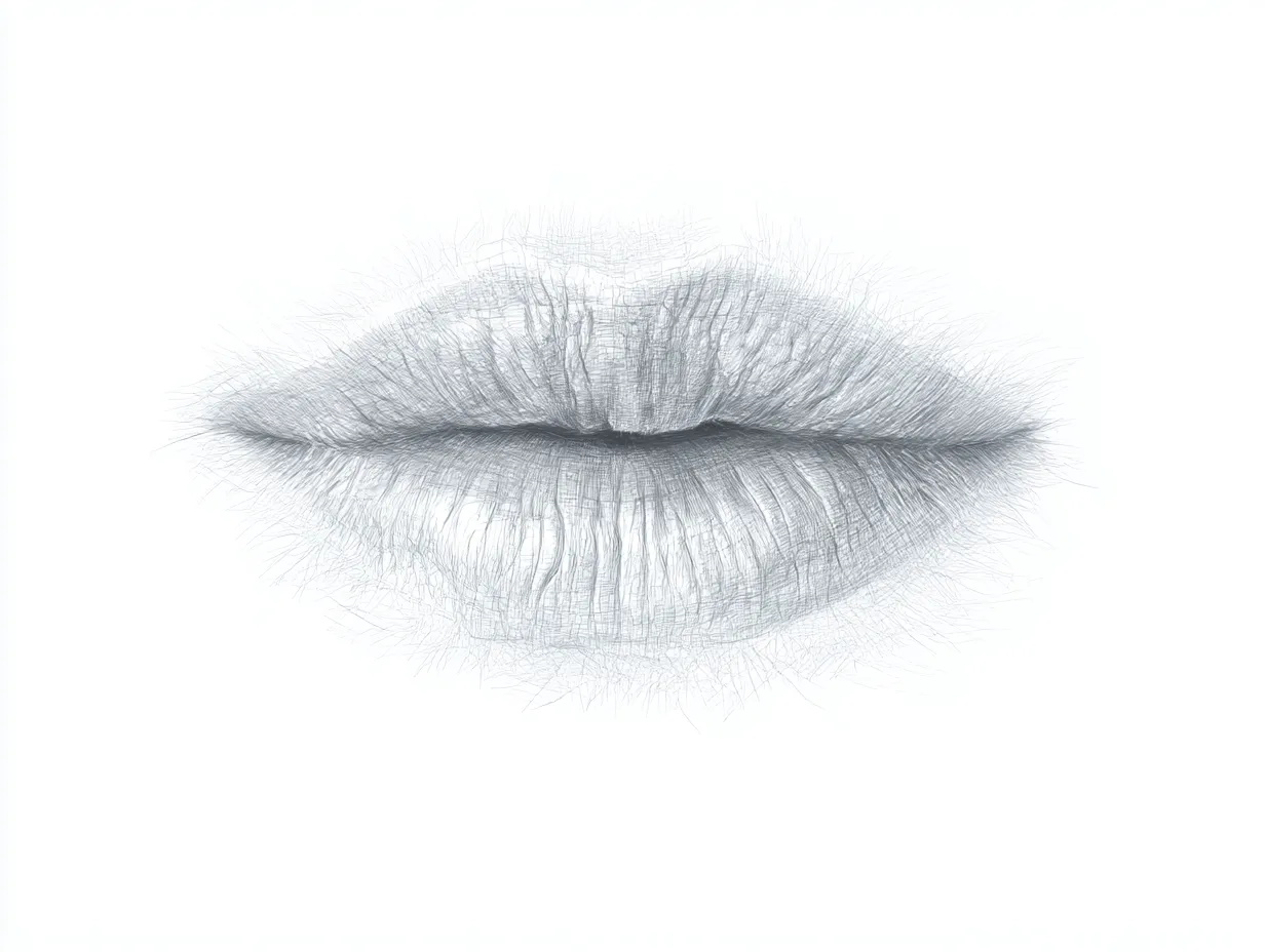 リアルな唇｜【基本構造】薄い陰影を重ね、唇の中央に柔らかな厚みを持たせる描き方をしています。<br>【演出の方向性】細い線の重なりで繊細さを表現し、淡い印象の中に冷静さと静かな気配を漂わせています。<br>