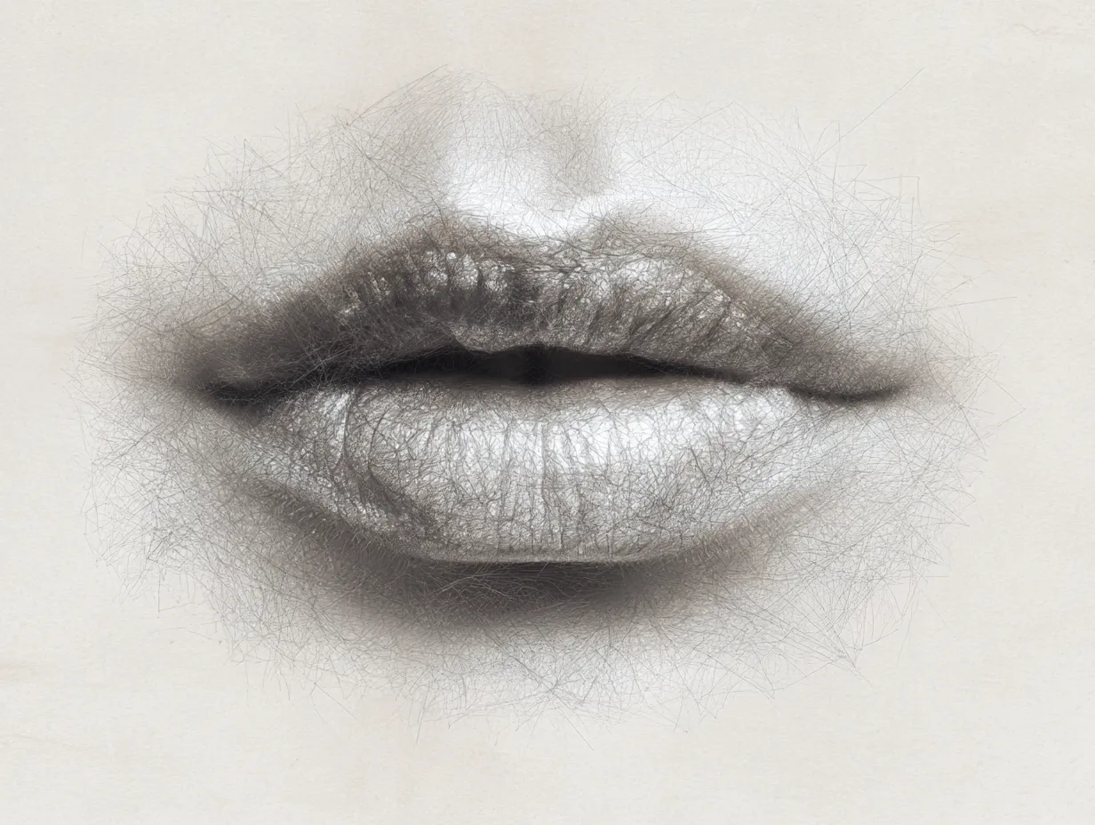 リアルな唇｜【基本構造】唇全体を立体的に膨らませる描き方で、上下の厚みと口角のカーブを丁寧に示しています。<br>【演出の方向性】光沢や強めの陰影を加えることで、リアルさと官能性を強調し、存在感のある仕上がりになっています。<br>