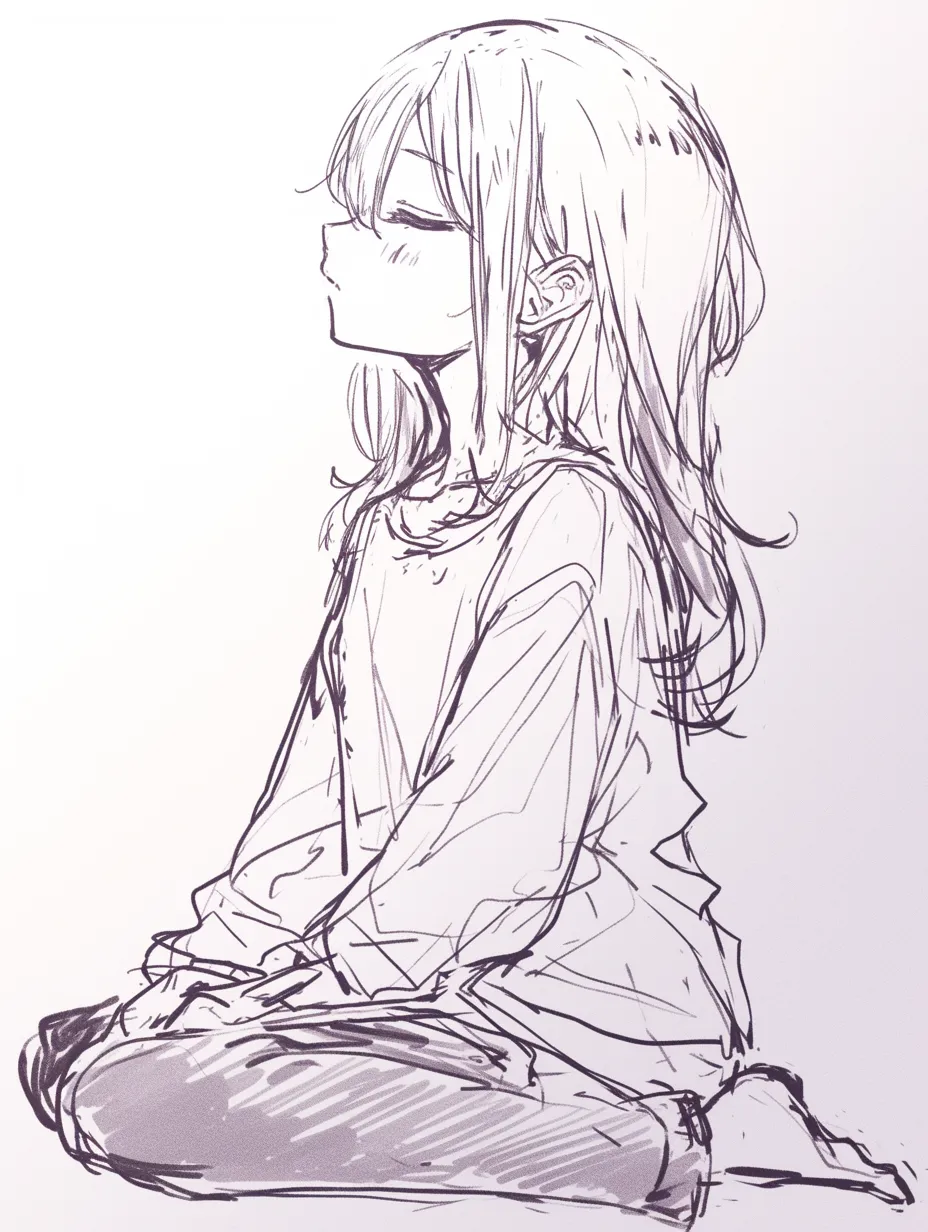 正座の少女（横顔・長髪）｜【基本構造】両膝を揃え、背筋を保ったまま横顔を強調する描き方です。髪を長く垂らし、正座のシルエットに流れを与えています。<br>【演出の方向性】閉じた瞳とわずかな上向きの顎で、落ち着きや諦観を漂わせています。髪の量感が内面的な深さを強調します。<br>