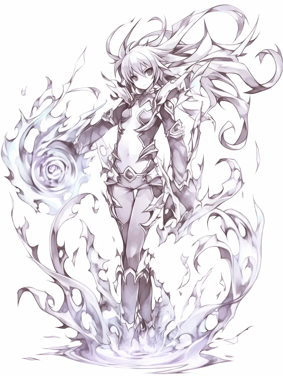 風エフェクトの魔導士｜【基本構造】片手に風の球体を持ち、膝を軽く曲げた描き方で、髪と衣が渦のように広がっています。<br>【演出の方向性】風が水のように波紋を生み、優美さと戦闘の緊張感を同時に漂わせています。<br>