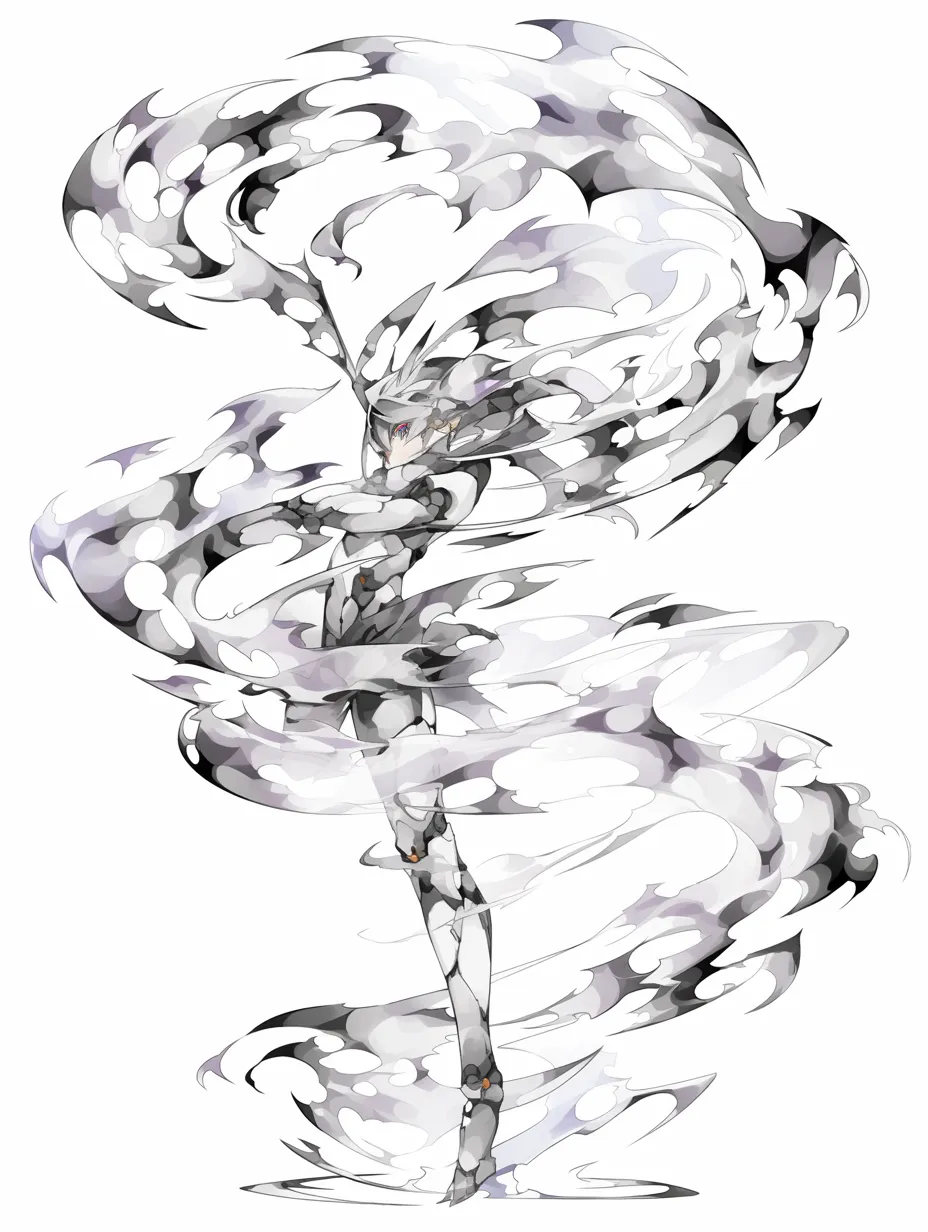 風エフェクトの長身戦士｜【基本構造】身体を直線的に伸ばし、全体を覆う巨大な風の渦で縦長の描き方を構成しています。<br>【演出の方向性】複雑に絡み合う白黒の風の流れが抽象的で、威厳と超越的な存在感を与える演出です。<br>