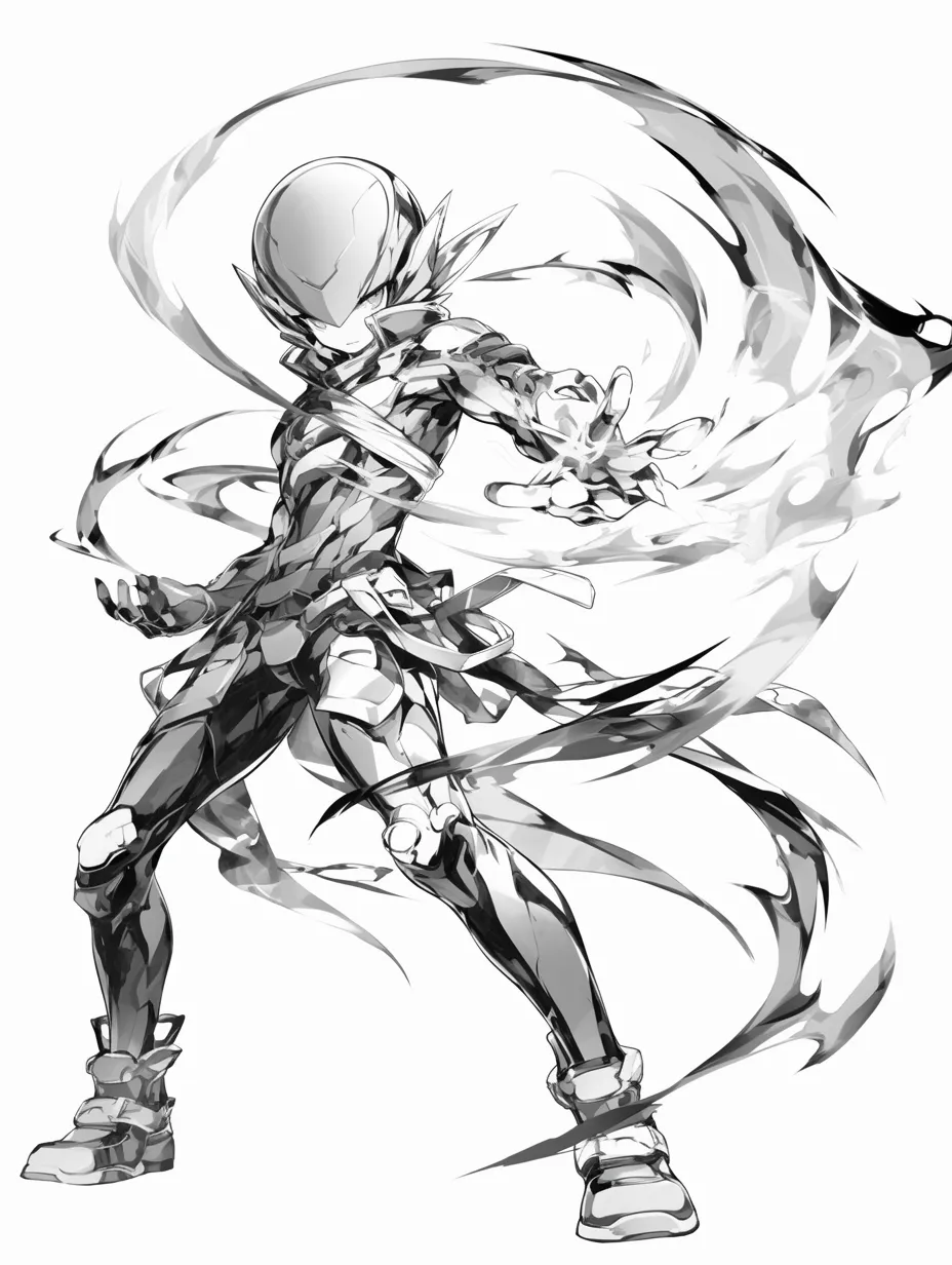 風エフェクトのアーマー戦士｜【基本構造】片足を前に出し、腰を低く構えた描き方で、全身の装甲を風が縁取っています。<br>【演出の方向性】鋭い渦巻きが戦闘的な気迫を強調し、無機質さと冷酷なエネルギーを視覚化しています。<br>