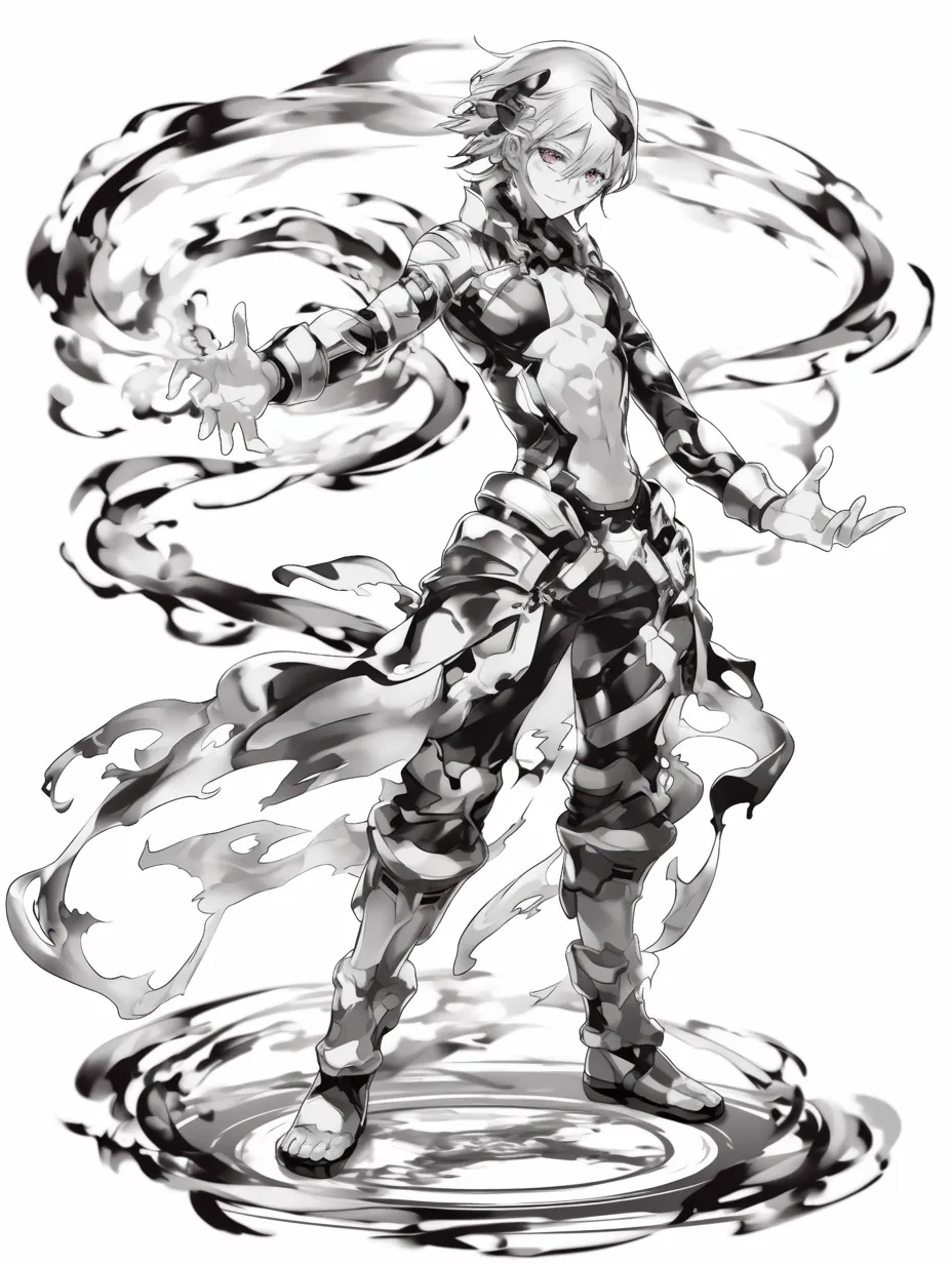 風エフェクトの操者｜【基本構造】堂々と片腕を広げる描き方で、足元から渦を巻く風が全身に絡みついています。<br>【演出の方向性】黒と白のコントラストが強烈で、冷徹な眼差しと相まって圧倒的な支配力を誇示しています。<br>