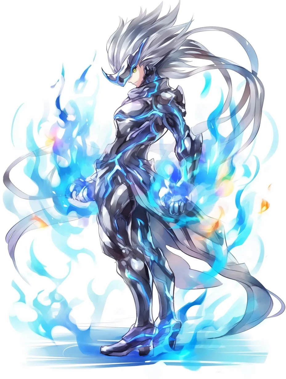 光エフェクトの戦士｜【基本構造】鋭い横顔と全身を覆う鎧を描き方で強調し、炎のように立ち上る光を纏わせています。<br>【演出の方向性】青白い光が装甲の隙間を走り、静かな覚醒と超越的な力を示唆する演出になっています。<br>