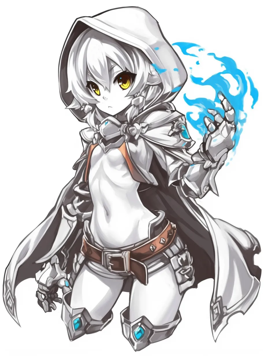 光エフェクトのフード少女｜【基本構造】フードを深く被った小柄な体を描き方でまとめ、片手に小さな光の火を宿しています。<br>【演出の方向性】幼さの残る顔と鋭い瞳に対して、光が柔らかに揺れることで純真さと秘められた強さを両立させています。<br>