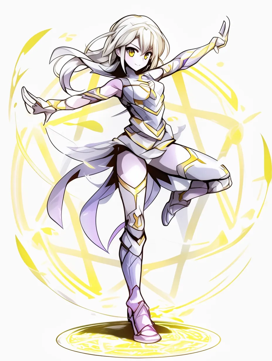 光エフェクトの舞姫｜【基本構造】片足立ちで軽やかに手を広げる描き方で、衣服と髪が光の輪と調和しています。<br>【演出の方向性】黄金の光が舞い踊るように広がり、軽快さと神聖さを同時に表現しています。<br>