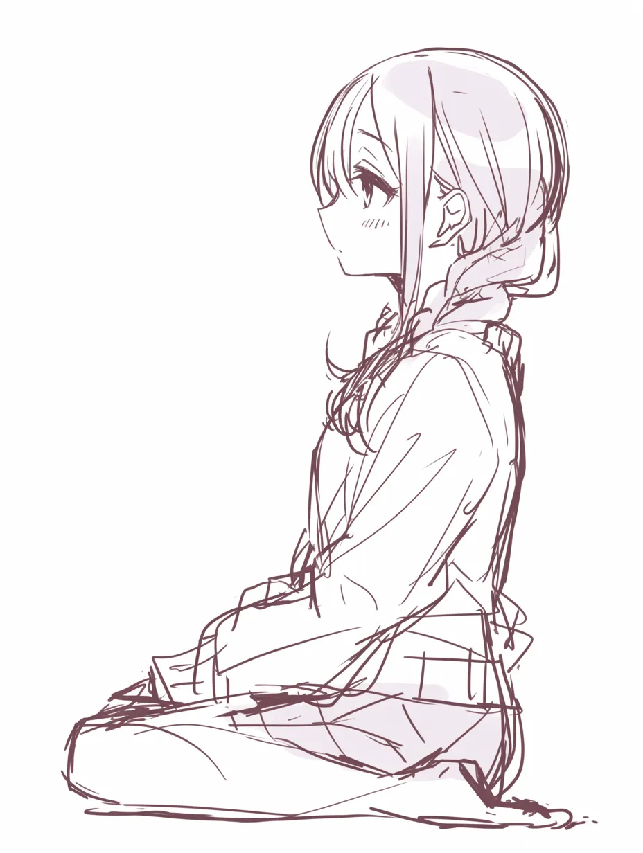 正座の少女（横向き）｜【基本構造】横から見た正座の描き方で、背筋を伸ばしつつ胸を張った姿勢です。髪型や服装でシルエットに変化を与えています。<br>【演出の方向性】横顔の視線と静かな表情が、礼儀正しさや内面の強さを印象づけています。清楚で誠実な雰囲気を漂わせています。<br>