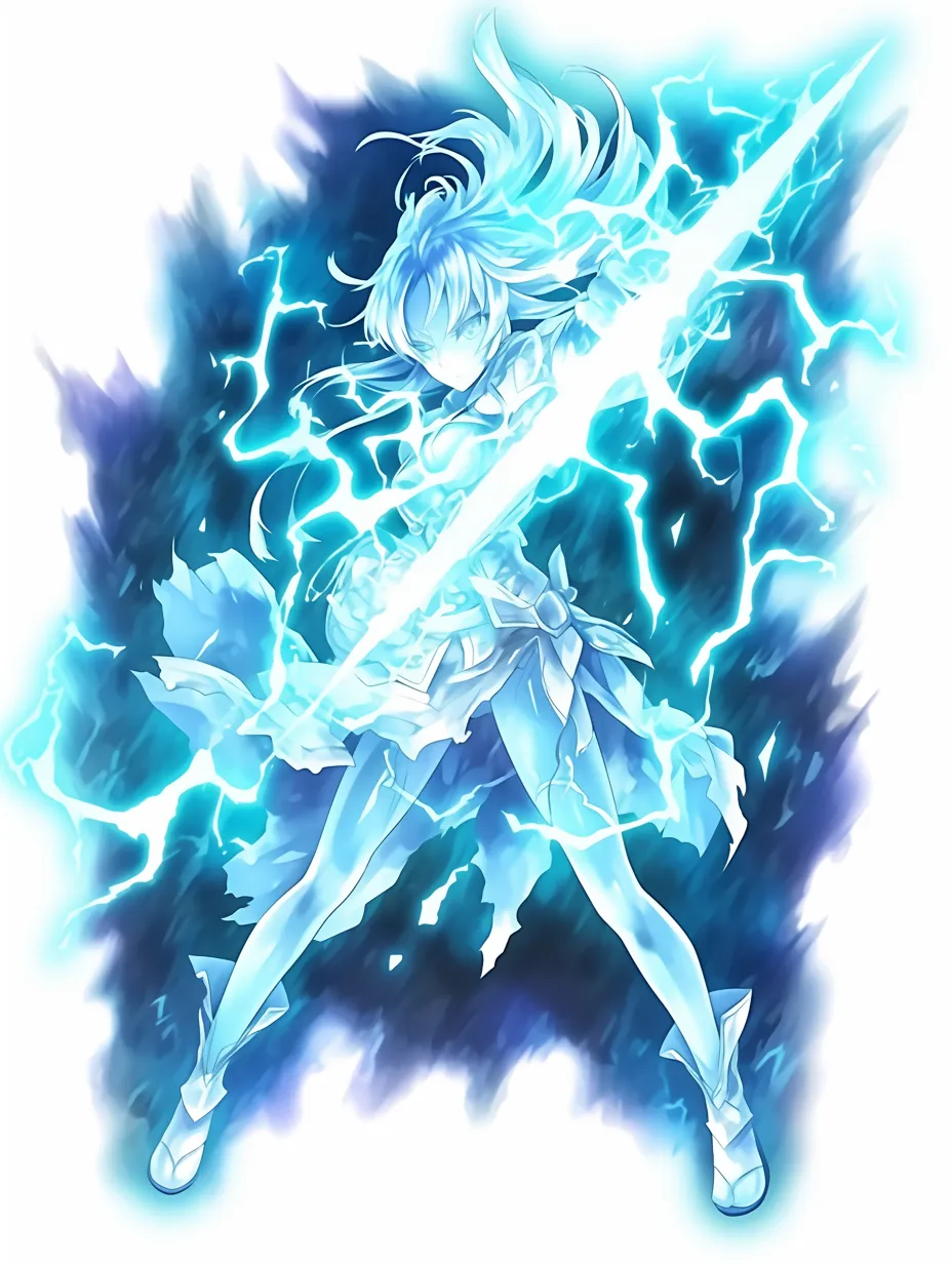 光エフェクトの剣士｜【基本構造】両手で剣を構えた描き方で、身体全体を光が縁取っています。<br>【演出の方向性】稲妻のような光が剣と体を貫き、冷徹な集中力と圧倒的な戦闘力を強調する演出です。<br>