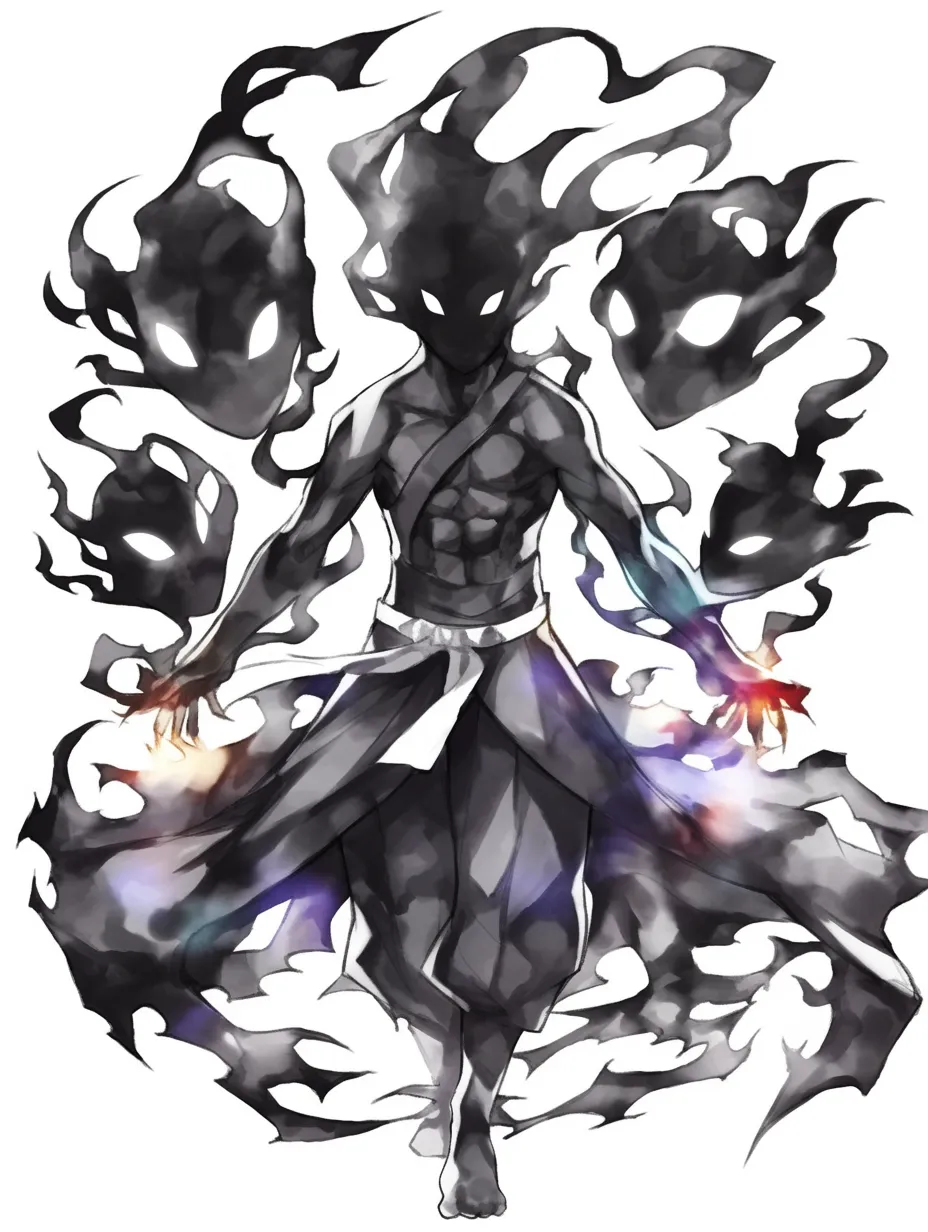 闇エフェクトの影霊｜【基本構造】無顔のシルエットを描き方で浮かび上がらせ、背後に複数の影の顔を従えています。<br>【演出の方向性】光る目を持つ影が周囲に漂い、邪悪な存在感と異形の威圧感を高めています。<br>