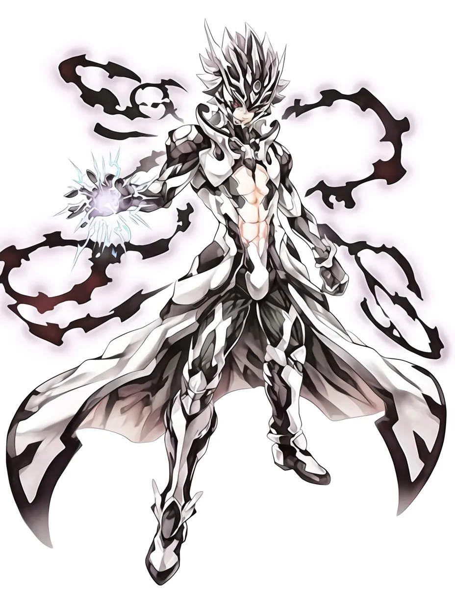 闇エフェクトの鎧戦士｜【基本構造】鎧を纏い片腕を前に差し出す描き方で、背面に黒いエネルギーの塊を漂わせています。<br>【演出の方向性】鋭い笑みと共に走る稲妻が、支配力と冷酷な威光を強調しています。<br>