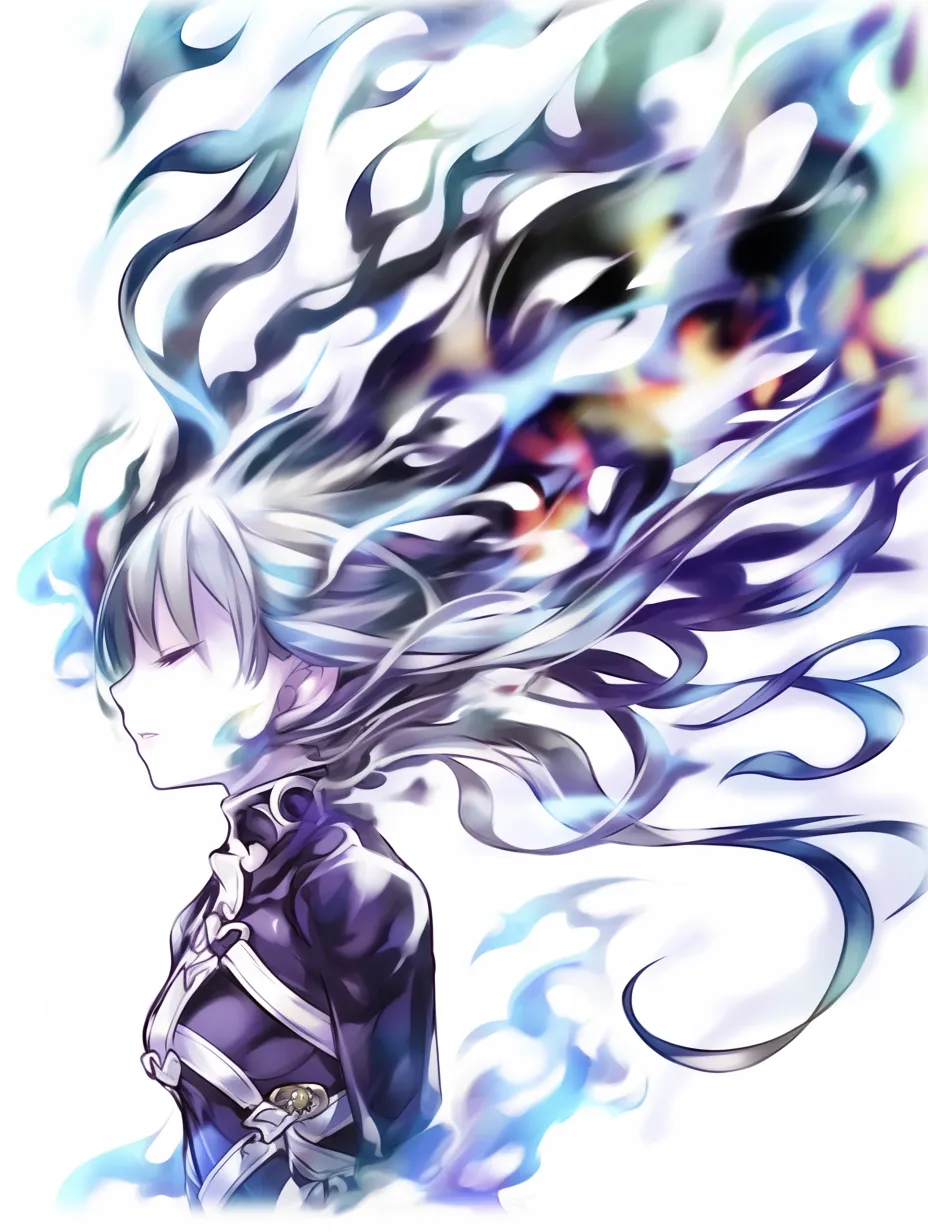 闇エフェクトの覚醒｜【基本構造】目を閉じた姿を正面から描き方で整理し、髪全体を闇の炎に変化させています。<br>【演出の方向性】青白い光が混じる闇の炎が、静謐な中に秘められた覚醒の瞬間を象徴しています。<br>