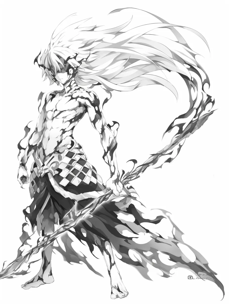 闇エフェクトの槍士｜【基本構造】槍を構えた立ち姿を描き方で整理し、髪と衣服を炎のように流しています。<br>【演出の方向性】黒炎が身体を覆い、戦意と破壊の象徴として猛々しい迫力を際立たせています。<br>