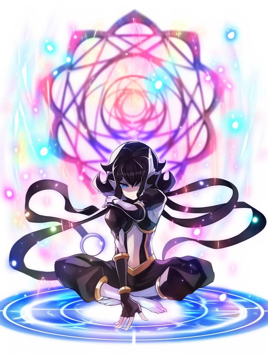 魔法エフェクトの集中｜【基本構造】胡座を組み、両手を重ねるようにして座る描き方で、背後に幾何学的な魔法陣を浮かべています。<br>【演出の方向性】光の粒子が舞う演出によって神秘性が高まり、集中力と内なる魔力を強調する印象になっています。<br>