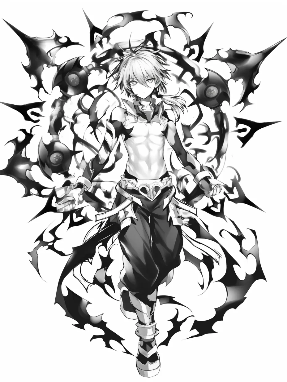 魔法エフェクトの制御｜【基本構造】正面に立ち、武器を背後に回すようにポーズをとり、腕の周囲に複数の魔力球を描き方で配置しています。<br>【演出の方向性】黒いエネルギーと浮遊する球体によって不気味さが増し、制御不能な力を操る雰囲気を強めています。<br>