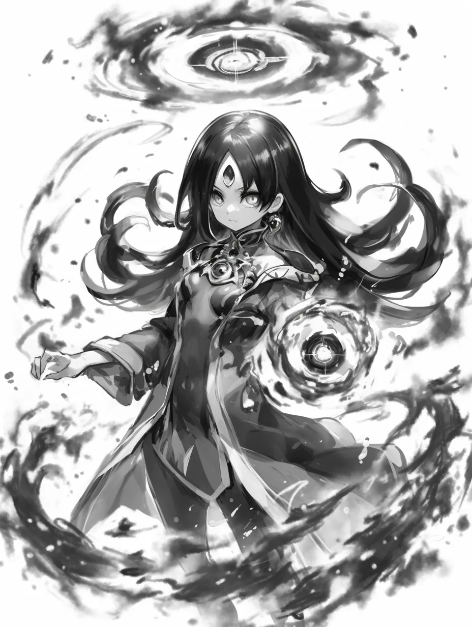 魔法エフェクトの渦｜【基本構造】片腕を掲げ、もう片腕を前に差し出す描き方で、周囲に渦巻く魔法陣を複数配置しています。<br>【演出の方向性】魔力の流れを渦状に表現することで、時間や空間を操るような圧倒的な力を感じさせる構図です。<br>
