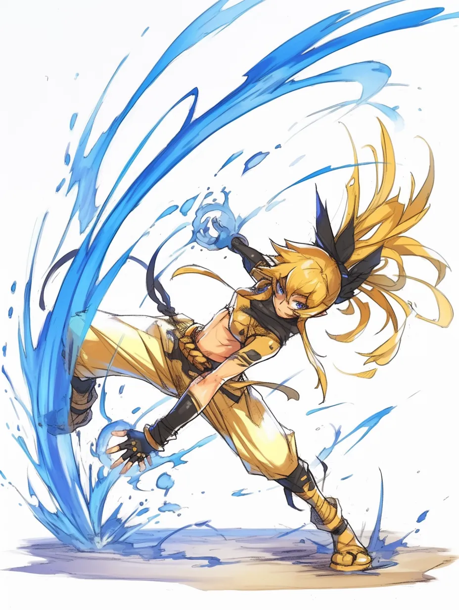 魔法エフェクトの拳｜【基本構造】片腕を振り下ろすように前傾し、体幹をねじった描き方で力強さを出しています。<br>【演出の方向性】水しぶきのような青いエフェクトが拳の軌跡を強調し、格闘術と魔法が融合したダイナミックな印象を与えます。<br>