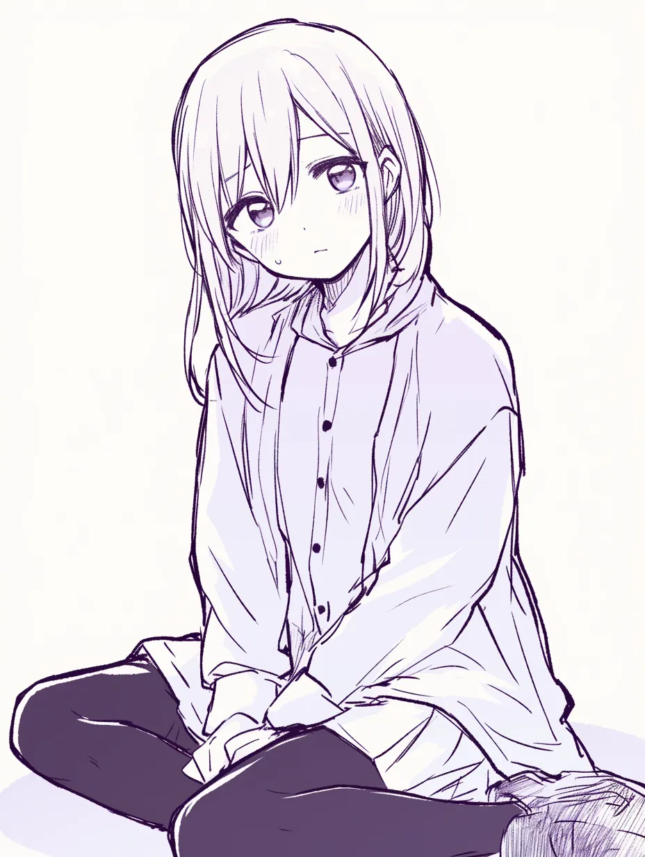 お姉さん座りの少女（前傾）｜【基本構造】両脚を斜めに流して座り、体を少し前に傾ける描き方です。上半身をコンパクトにまとめ、下半身のシルエットで座り方の特徴を強調しています。<br>【演出の方向性】俯きがちな視線と控えめな表情が、穏やかさと少しの恥じらいを漂わせます。柔らかい雰囲気が「お姉さんらしさ」を強めています。<br>