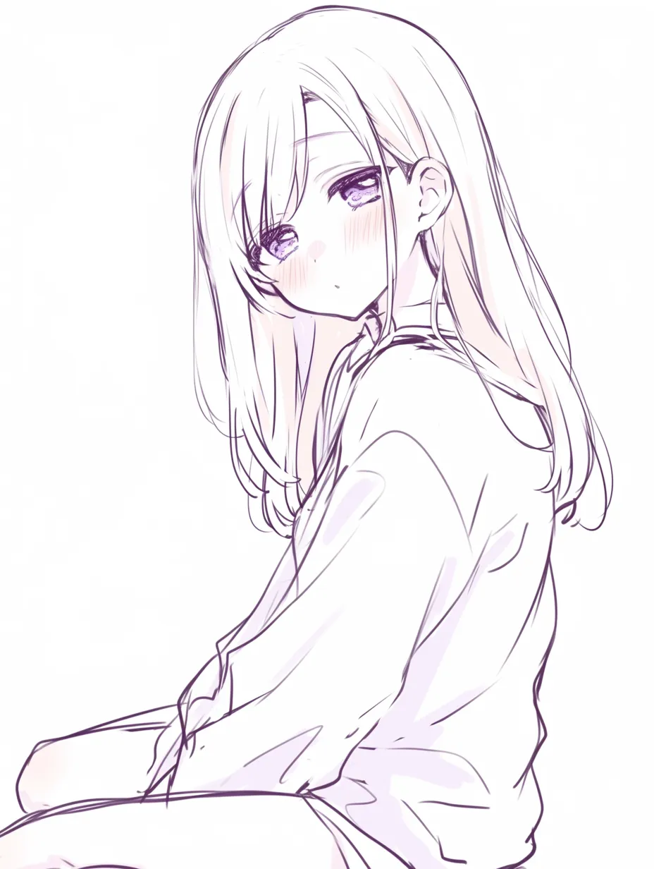 お姉さん座りの少女（横顔）｜【基本構造】脚を流したまま横向きに体をひねり、背筋を伸ばして描き方を整えています。髪の流れを背中に沿わせることで、しなやかな印象を引き立てています。<br>【演出の方向性】やや伏せた視線と淡い微笑が、落ち着きと包容力を感じさせています。姿勢の流麗さと合わせて、大人びた余韻を与えています。<br>