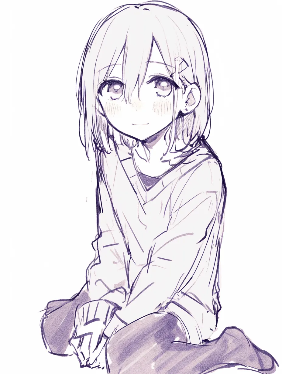 ぺたん座りの少女（笑顔）｜【基本構造】両脚を広げ、手を前に重ねて座る描き方です。背筋を少し丸めて上体を低く見せ、顔をやや前に突き出しています。<br>【演出の方向性】笑顔と明るい目線が無邪気さを際立たせ、座り方の幼さと結びついて純粋な愛らしさを強調しています。<br>