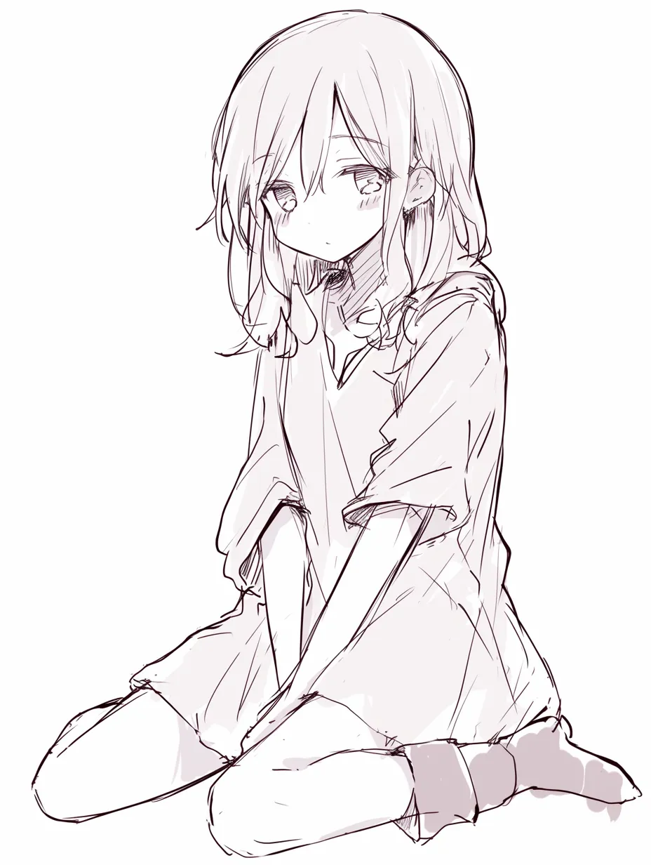 ぺたん座りの少女（伏し目）｜【基本構造】脚を投げ出すように崩して座り、両手を体の横に下ろす描き方です。背筋を少し丸め、うつむく姿勢をとっています。<br>【演出の方向性】伏し目がちな視線と小さな口元が、物静かで控えめな印象を醸し出します。柔らかい髪の流れが切なさを添えています。<br>