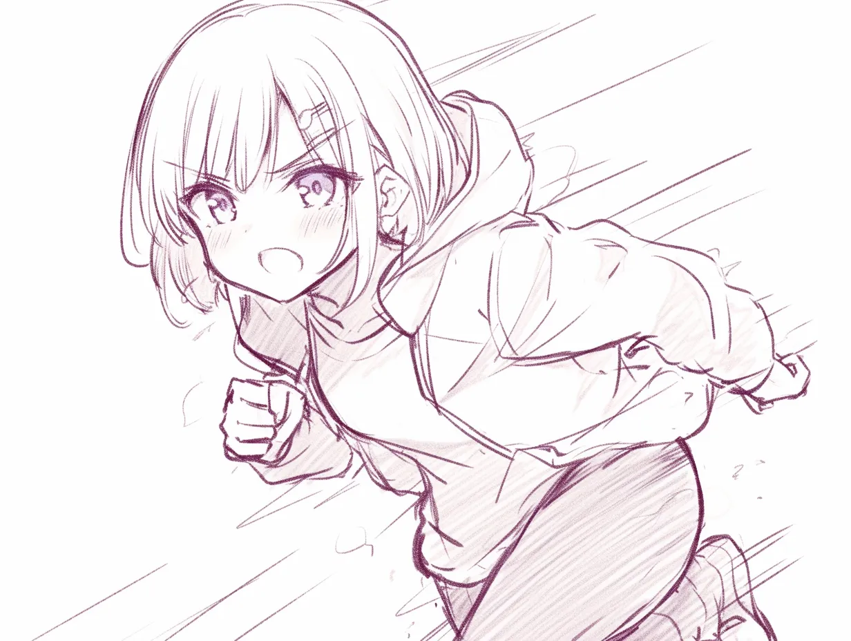 迫力のある構図の駆け出し｜【基本構造】腕を大きく振り前傾姿勢で走る描き方で、斜め方向から顔を捉えて速度感を強調しています。<br>【演出の方向性】口元の開きと眉の上げ下げで感情を爆発的に見せ、前進する意志の力強さを観る者に伝えます。<br>