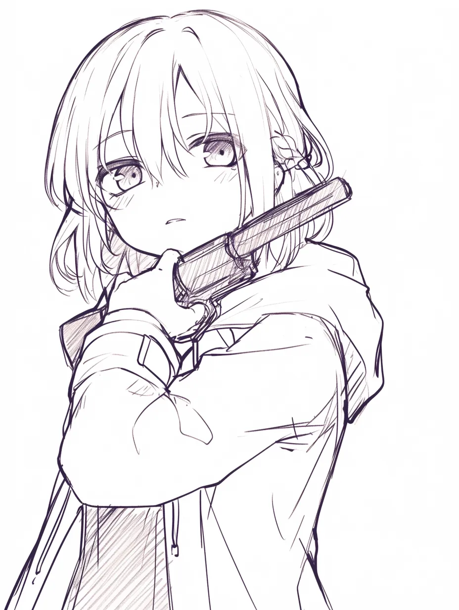 銃構えの肩掛け｜【基本構造】銃身を肩に乗せる描き方で、片手でゆったりと支え、上体を正面に向けています。<br>【演出の方向性】目線の柔らかさとリラックスした構えが、銃を持ちながらも日常的な雰囲気を与え、親しみを感じさせます。<br>