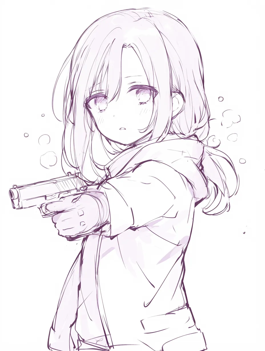 銃構えの少女｜【基本構造】小柄な体格で拳銃を両手保持し、腕を前に突き出す描き方で、真正面に向かって強い直線を作っています。<br>【演出の方向性】無垢な表情と銃の物騒さのギャップが、無防備さと危うさを同時に感じさせます。<br>