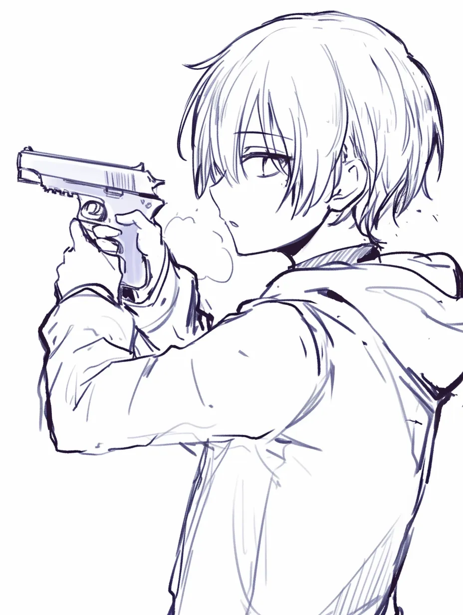 銃構えの横顔視点｜【基本構造】体を横に向け、銃を前方へ構える描き方で、頬にかかる髪が視線の強さを補強しています。<br>【演出の方向性】吐息や目線の鋭さで冷静沈着な印象を与え、淡々とした迫力を演出しています。<br>