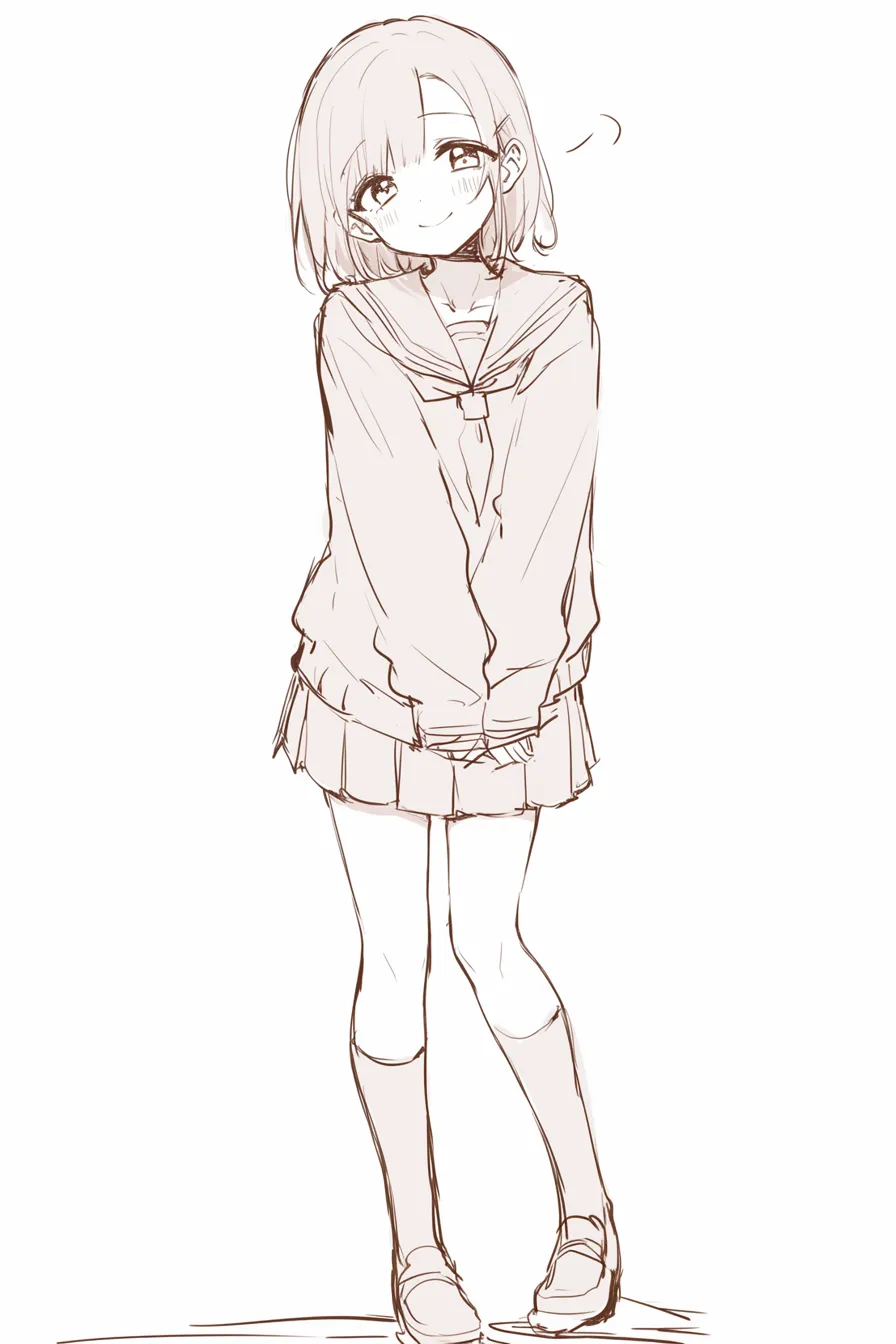 6頭身のセーラー服女子｜【基本構造】膝をそろえて少し内向きに立ち、肩をすぼめるように描き方を整えています。頭身を崩さずに制服のシルエットを維持しています。<br>【演出の方向性】笑顔と軽い体のひねりが愛らしい印象を作り、健全で素朴な明るさを強調しています。<br>