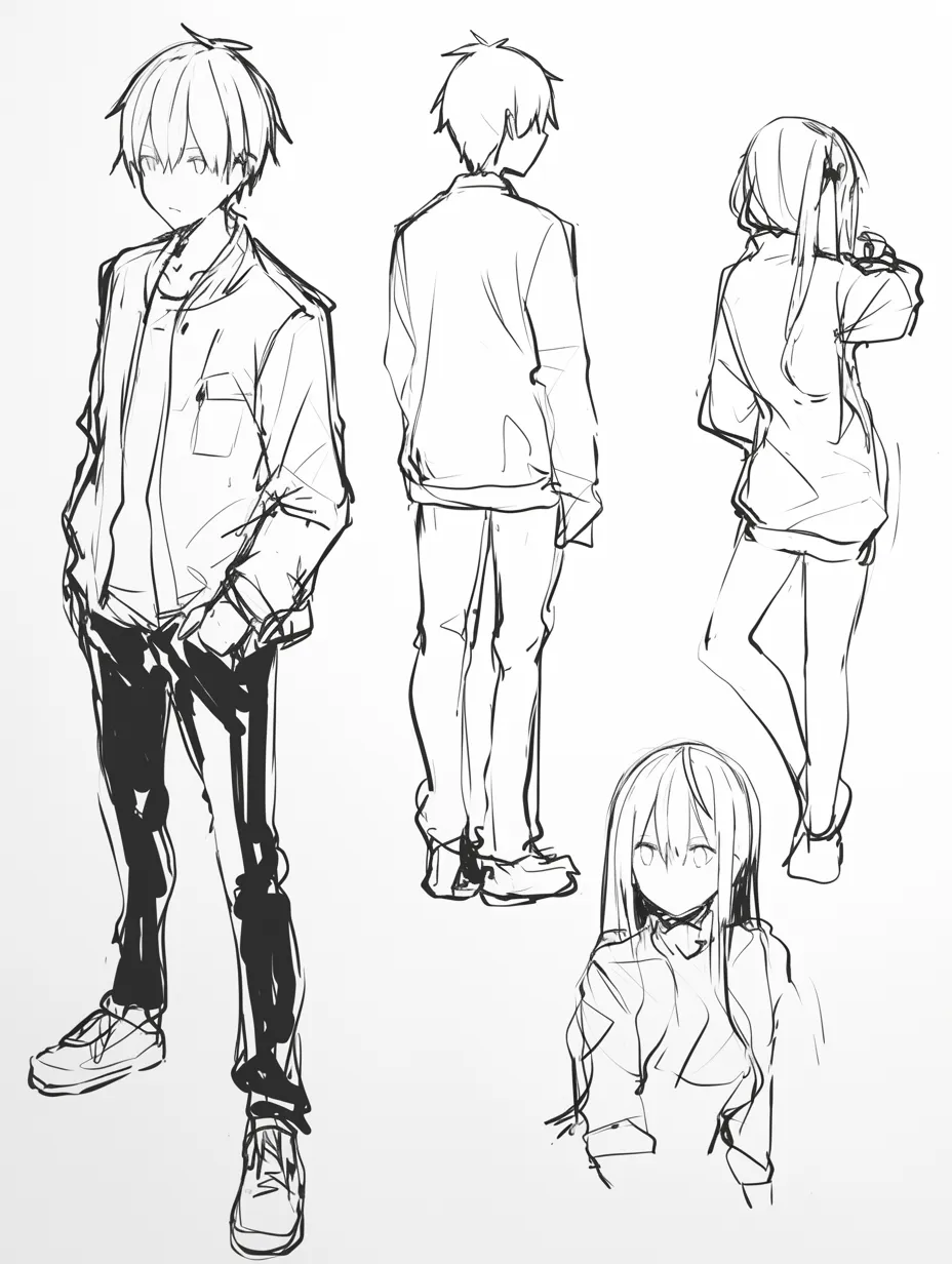 6頭身の複数立ち姿｜【基本構造】正面・背面・横向きとバリエーションを並べる描き方で、全て6頭身比率を維持しています。衣服のシワや立体感を共通の基準で整理しています。<br>【演出の方向性】多角的な視点によりキャラクター性を補強し、見る側に動きや設定の幅をイメージさせます。<br>