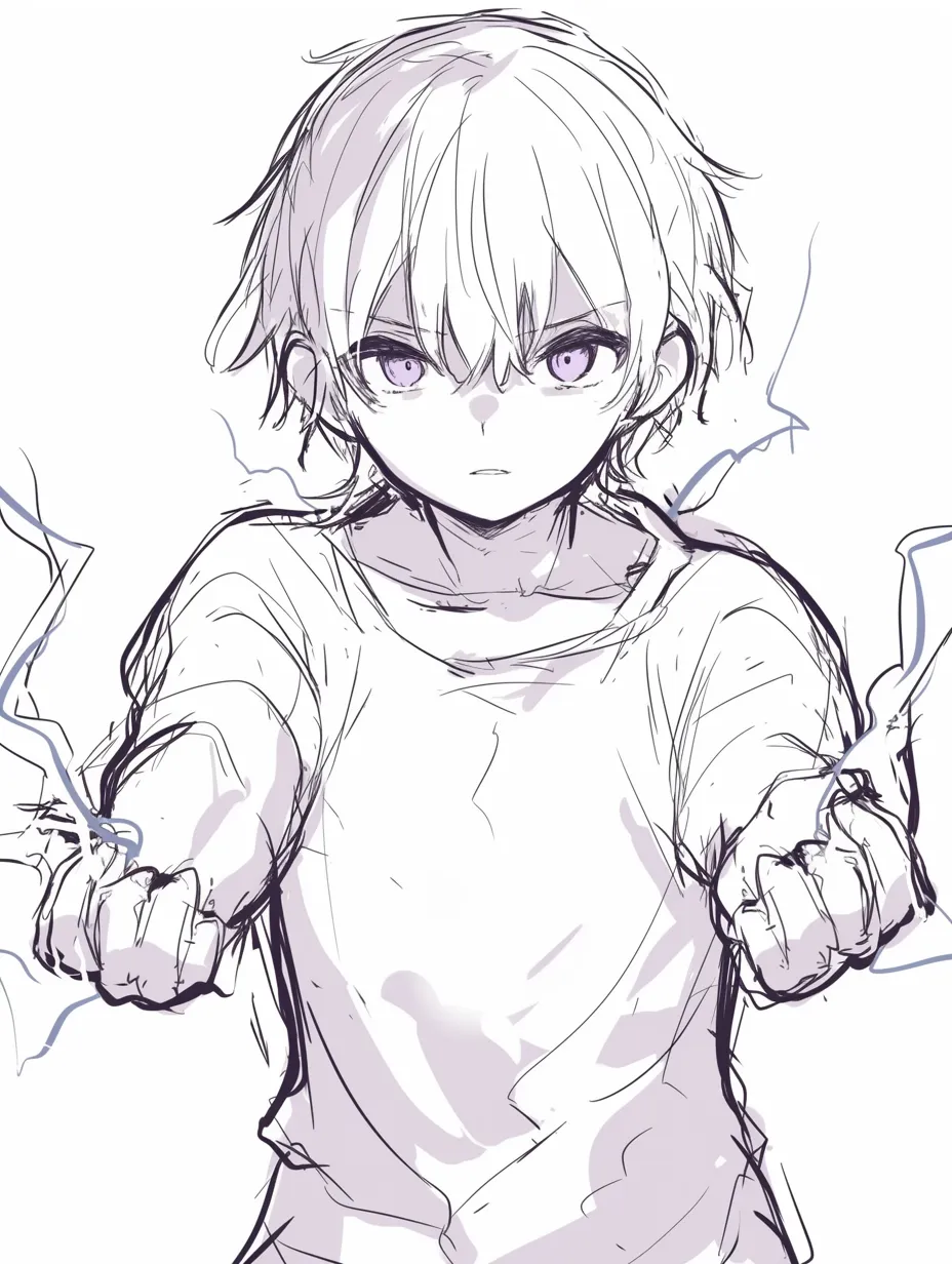 戦闘シーンの雷撃｜【基本構造】両腕を前に突き出し、掌に力を集中させる描き方で、体幹をまっすぐにし緊張感を全身に走らせています。<br>【演出の方向性】雷光のエフェクトが鋭さを増し、決意と力強さを視覚的に際立たせています。<br>