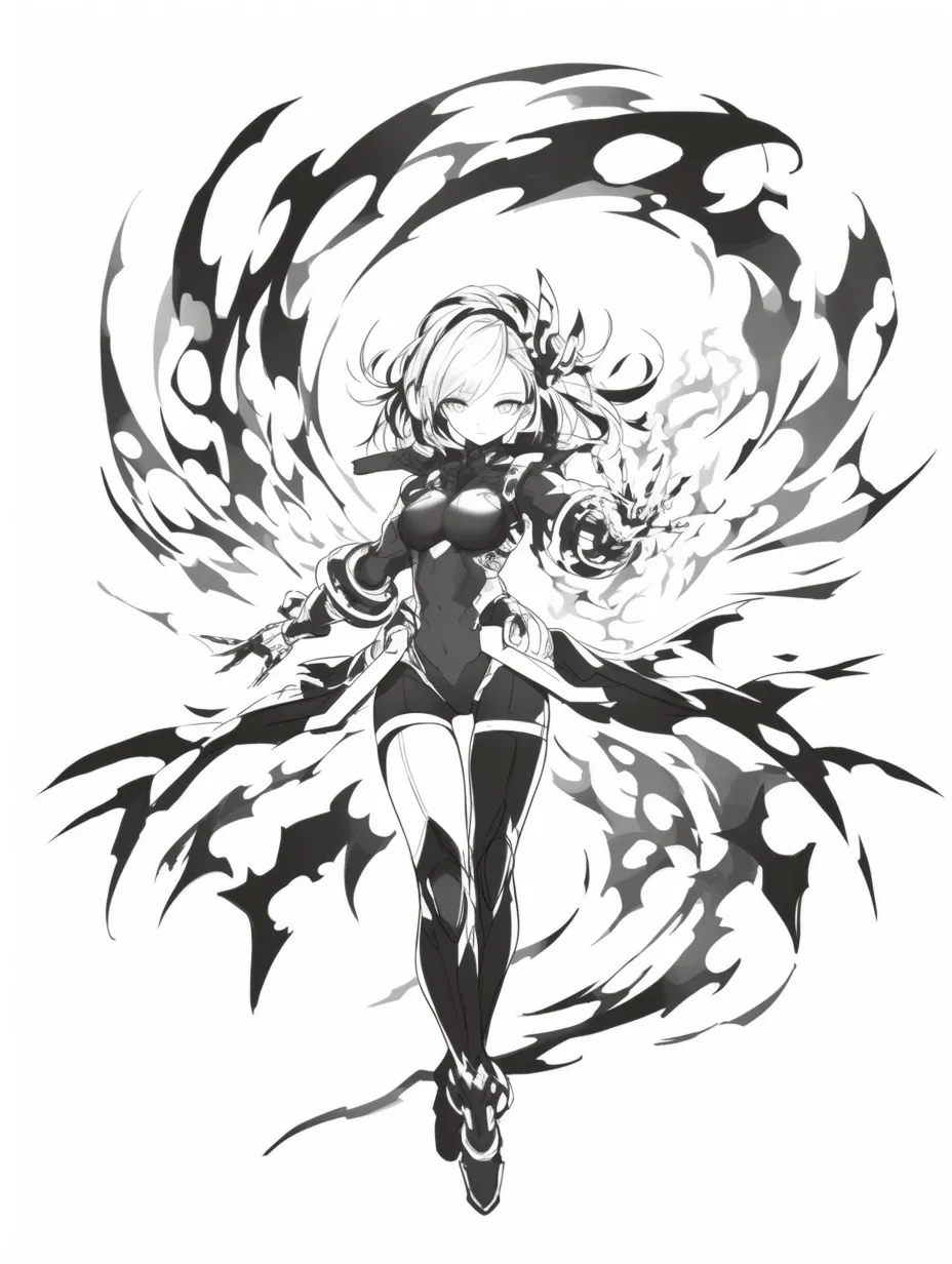 オーラの魔力展開｜【基本構造】前方に片腕を差し出し、背後に大きな渦を描く描き方で、身体の中心軸を強調しつつバランスを整えています。<br>【演出の方向性】黒と白のコントラストを強く出すことで、魔力の暴発感と神秘性を際立たせています。<br>