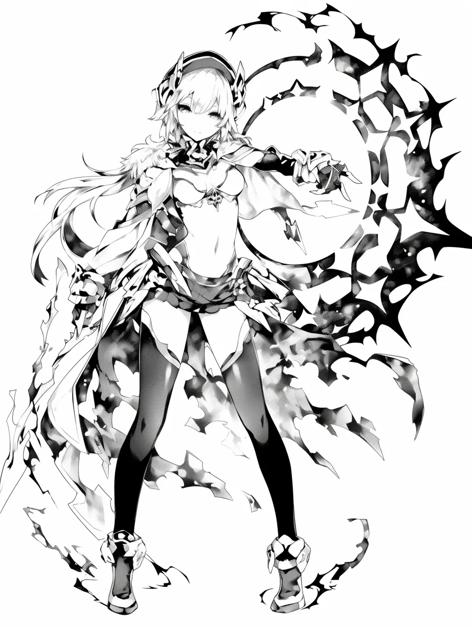 オーラの召喚｜【基本構造】正面を向き腕を前に出す描き方で、脚の踏み込みと腰の安定によって重厚なポーズを表現しています。<br>【演出の方向性】背後に広がる黒い文様を力の象徴として描き、冷静な威圧感を漂わせています。<br>
