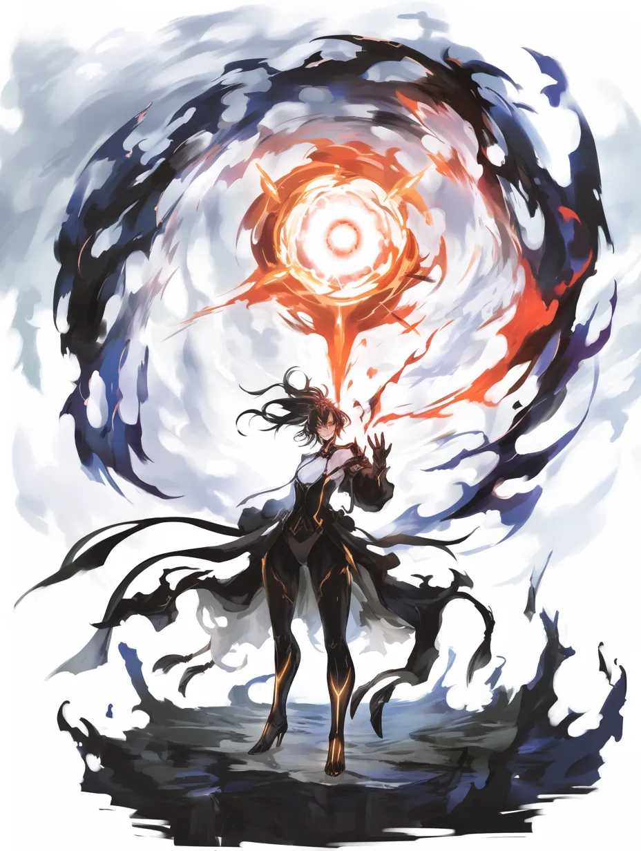 オーラの終極｜【基本構造】片腕を掲げ、頭上に巨大な魔力球を展開する描き方で、背筋の伸びと足元の安定で重厚感を出しています。<br>【演出の方向性】渦巻く黒と赤の対比で終末的な威力を表現し、絶望的な強大さを印象付けています。<br>