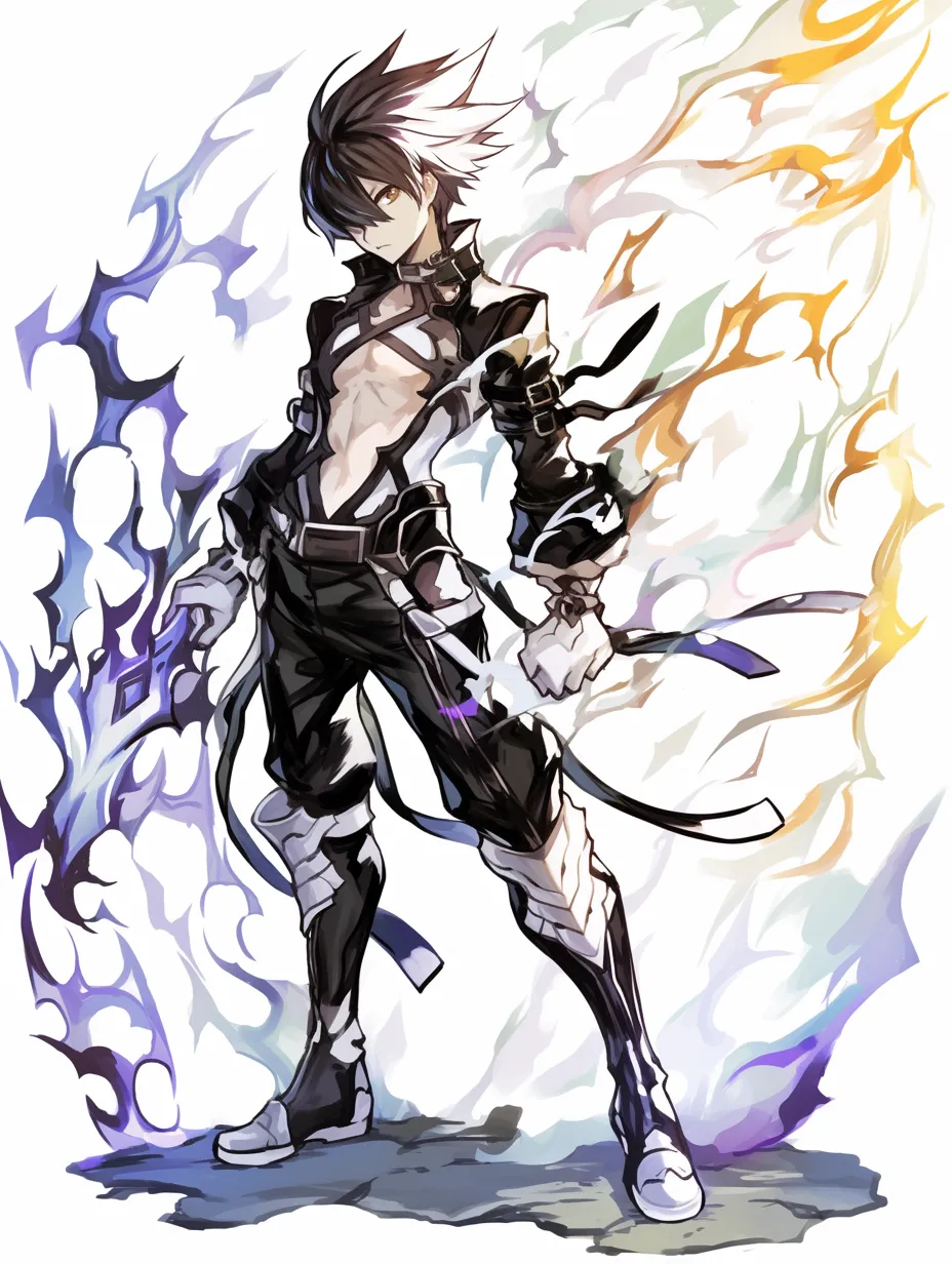 オーラの武装｜【基本構造】剣を構え片脚を前に出す描き方で、肩から腰へのラインを引き締め、戦闘態勢を明確に示しています。<br>【演出の方向性】背後に広がる炎と稲妻状のエフェクトが戦闘力を増幅させ、戦士としての覚醒を強調しています。<br>