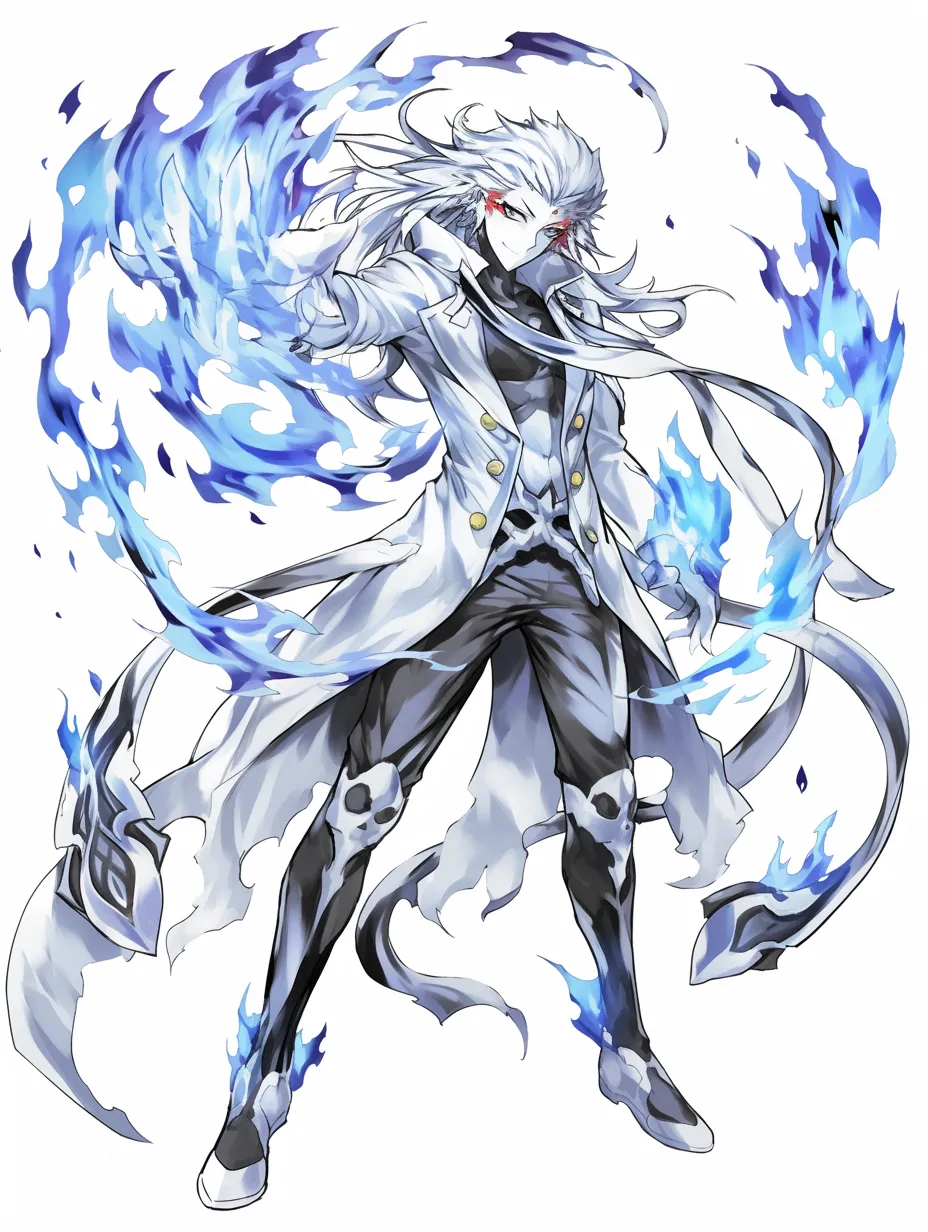 火エフェクトの支配｜【基本構造】片腕を突き出し、身体を斜めに構える描き方で、髪や衣服を後方へ流すことで動きを表現しています。<br>【演出の方向性】青い炎の揺らぎを描き、冷たさと異質さを強調することで支配的で恐怖感のある雰囲気を演出しています。<br>