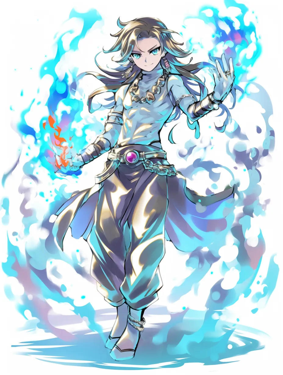 火エフェクトの静寂｜【基本構造】片腕を下げ、片手に炎を集める描き方で、身体の軸を直立させ落ち着きを強調しています。<br>【演出の方向性】青炎を中心に淡く描くことで、冷静で静謐な力強さを漂わせています。<br>