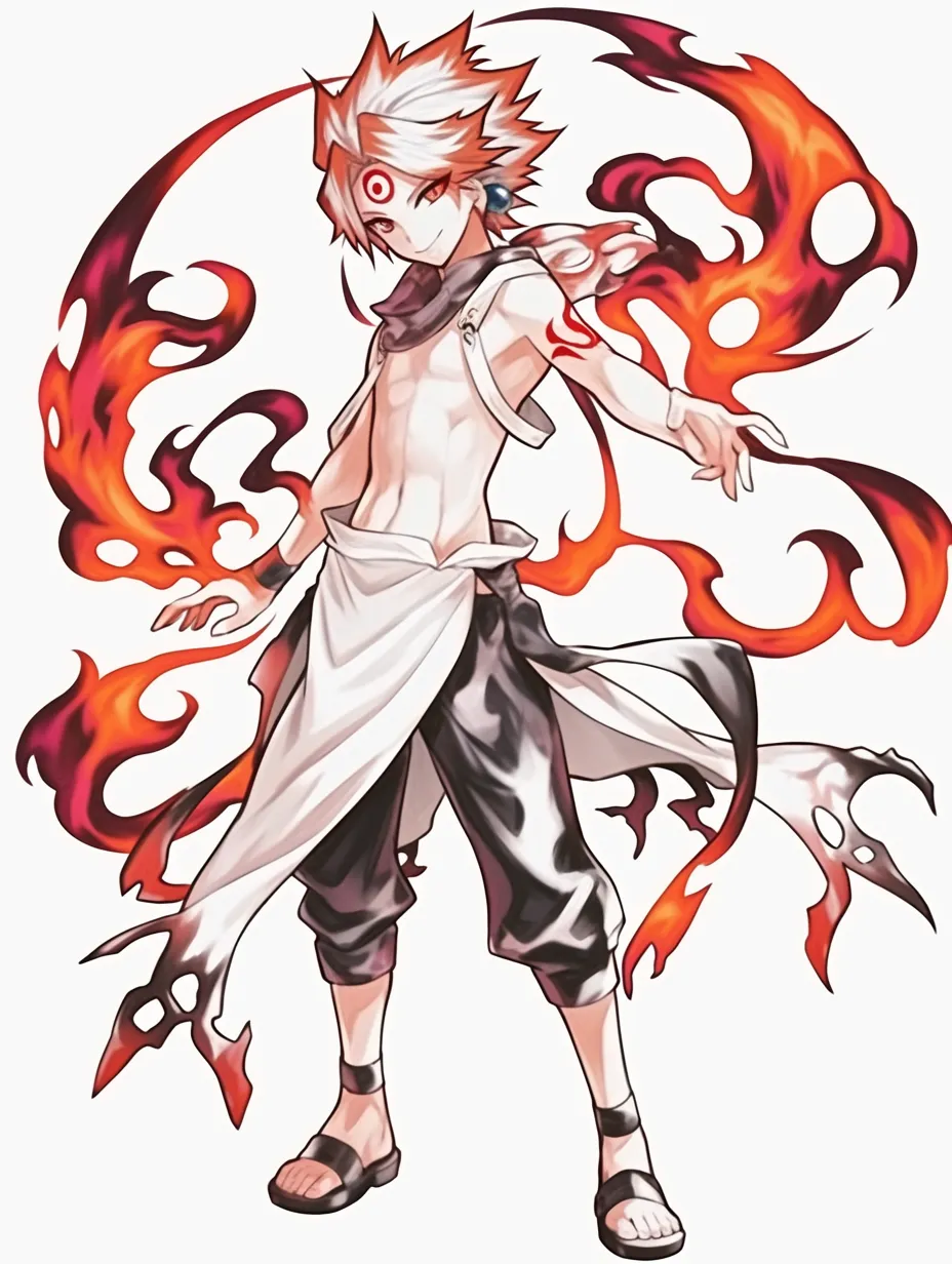 火エフェクトの祈祷｜【基本構造】両腕をわずかに開き、背後の炎を大きく広げる描き方で、正面に安定した姿勢を取っています。<br>【演出の方向性】炎の形を神聖な模様のように整えることで儀式的な荘厳さを演出し、超自然的な力を象徴しています。<br>