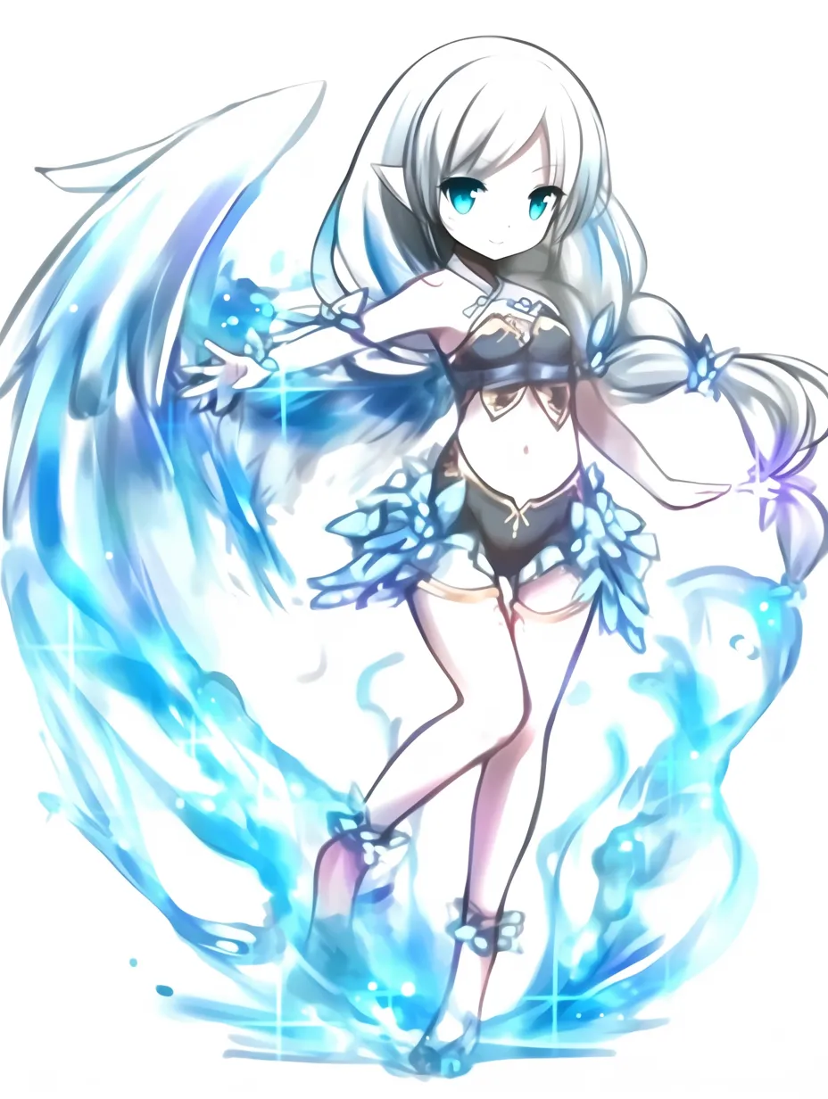 水エフェクトの清流｜【基本構造】軽やかに片脚を前に出し、腕を広げる描き方で、衣装や髪に水晶のような装飾を配しています。<br>【演出の方向性】水をきらめく粒子で表現し、透明感と可憐さを強調しています。<br>