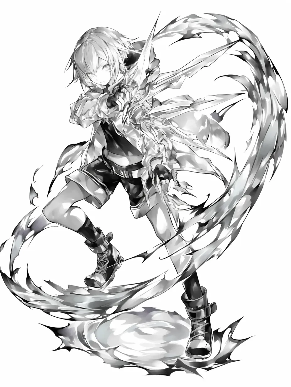 水エフェクトの斬撃｜【基本構造】腰を落として剣を振り下ろす描き方で、水流を刃のように扱っています。<br>【演出の方向性】勢いよく巻き上がる水の軌跡を利用し、斬撃の迫力を倍増させています。<br>