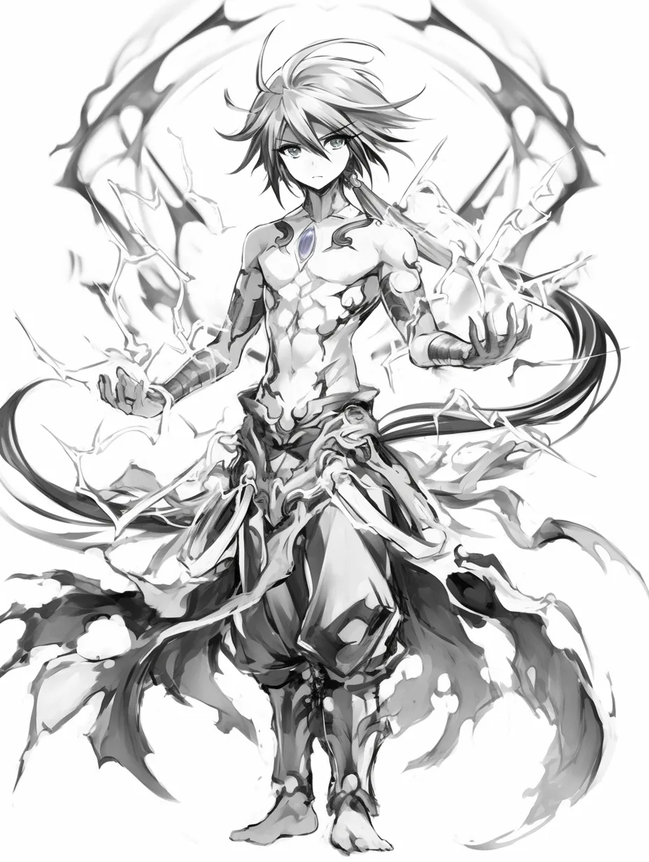 雷エフェクトの戦士｜【基本構造】裸足で直立する姿勢に稲妻を纏わせ、両腕を広げる描き方で身体の中心軸を強調しています。<br>【演出の方向性】鋭い眼差しと全身に走る雷光の枝分かれが、神秘性と威圧感を兼ね備えた演出になっています。<br>