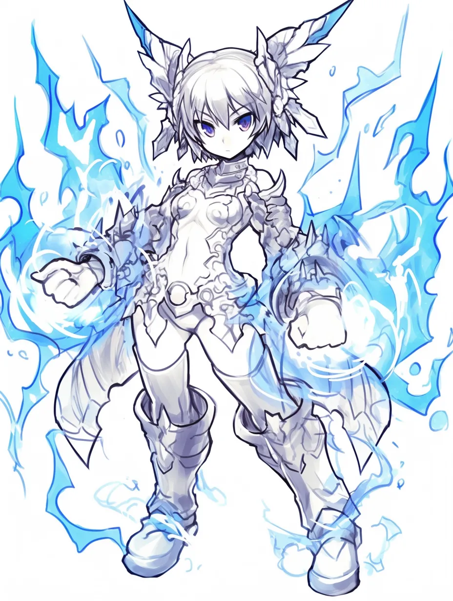 雷エフェクトの少女戦士｜【基本構造】両拳を前に出し、翼状の装飾を持つ姿を描き方で整理し、全体を左右対称的に配置しています。<br>【演出の方向性】青く燃える雷光が清涼感と力強さを融合させ、意志の強さと神々しさを印象づけています。<br>