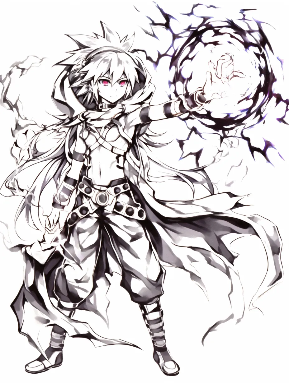 雷エフェクトの魔術師｜【基本構造】右手を突き出し、腰を落とした描き方で動きを強調し、外套が流れるように広がっています。<br>【演出の方向性】掌から渦を巻く稲妻が闇を切り裂き、冷徹な眼差しとともに敵を圧倒する演出となっています。<br>