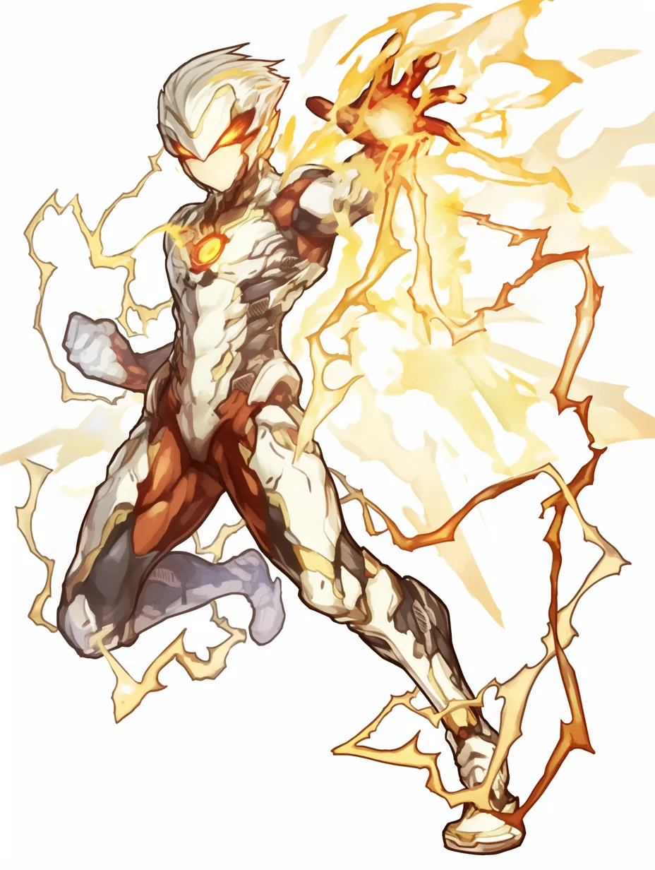 雷エフェクトの強化戦士｜【基本構造】前傾姿勢で腕を突き出す描き方で、全身の筋肉と装甲を稲妻で縁取りしています。<br>【演出の方向性】黄金の稲妻が烈火のように走り、圧倒的な力の具現として観る者に畏怖を与えています。<br>